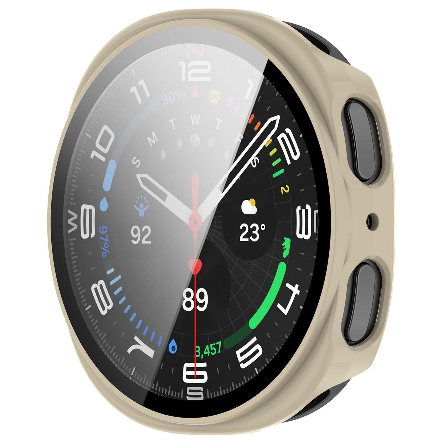 Primo piano di uno smartwatch che mostra ora, statistiche e informazioni meteo. L'orologio ha una lunetta beige e uno schermo nero.