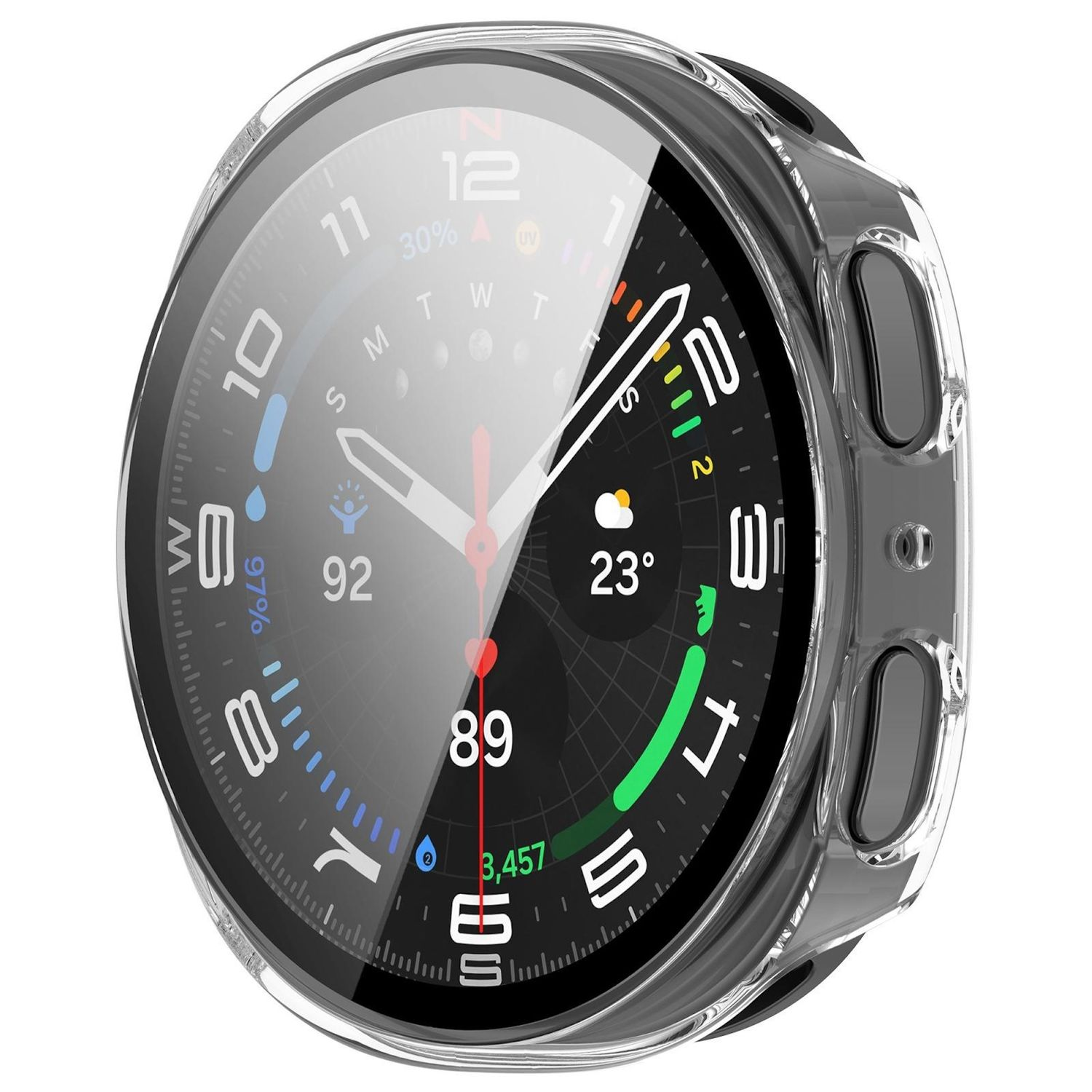 Nahaufnahme einer Smartwatch mit transparentem Gehäuse. Das Zifferblatt zeigt Zeit, Wetter und Gesundheitsdaten auf schwarzem Hintergrund.