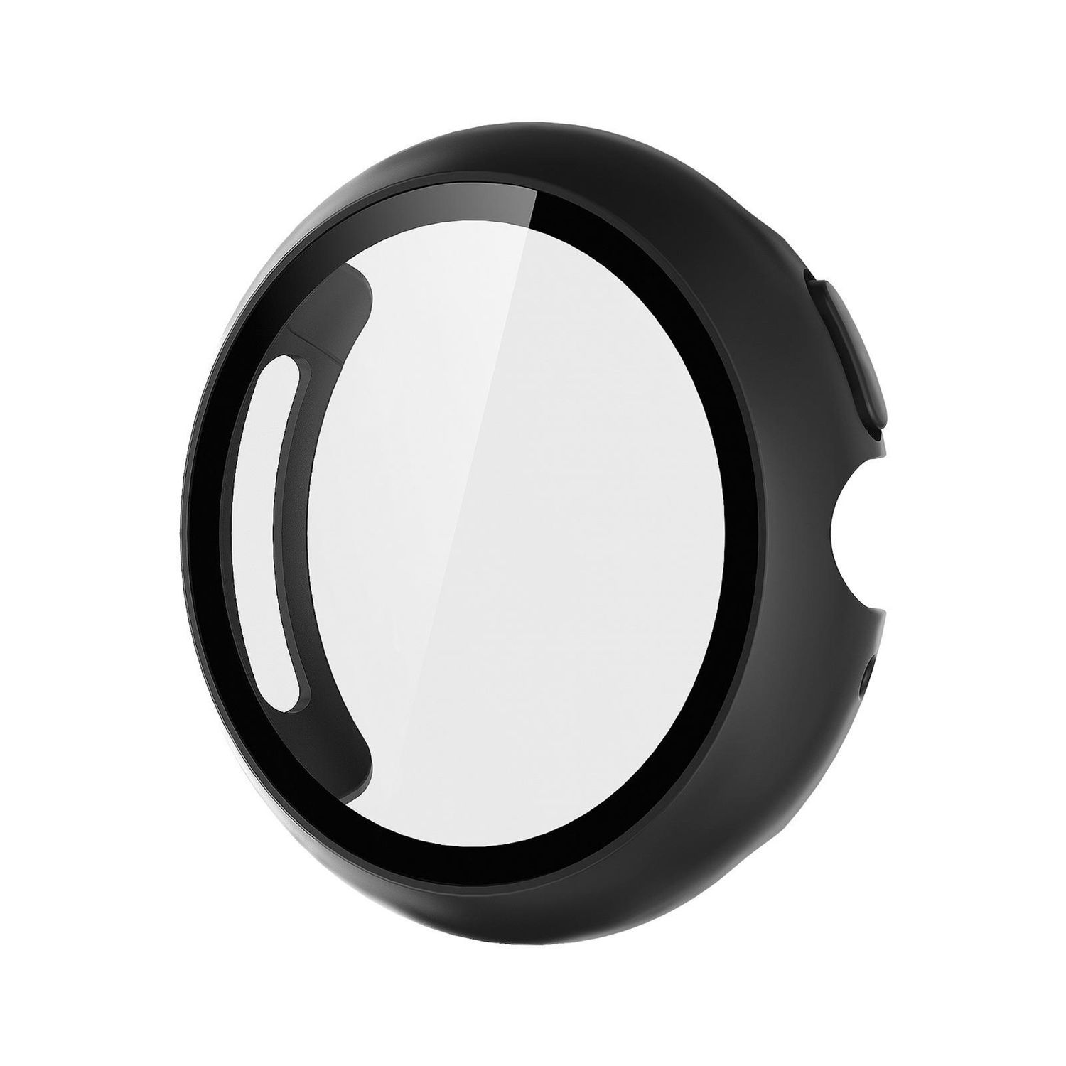 Cassa dell'orologio circolare nera con una lente trasparente e circolare. La cassa ha un pulsante laterale e sfondo bianco.