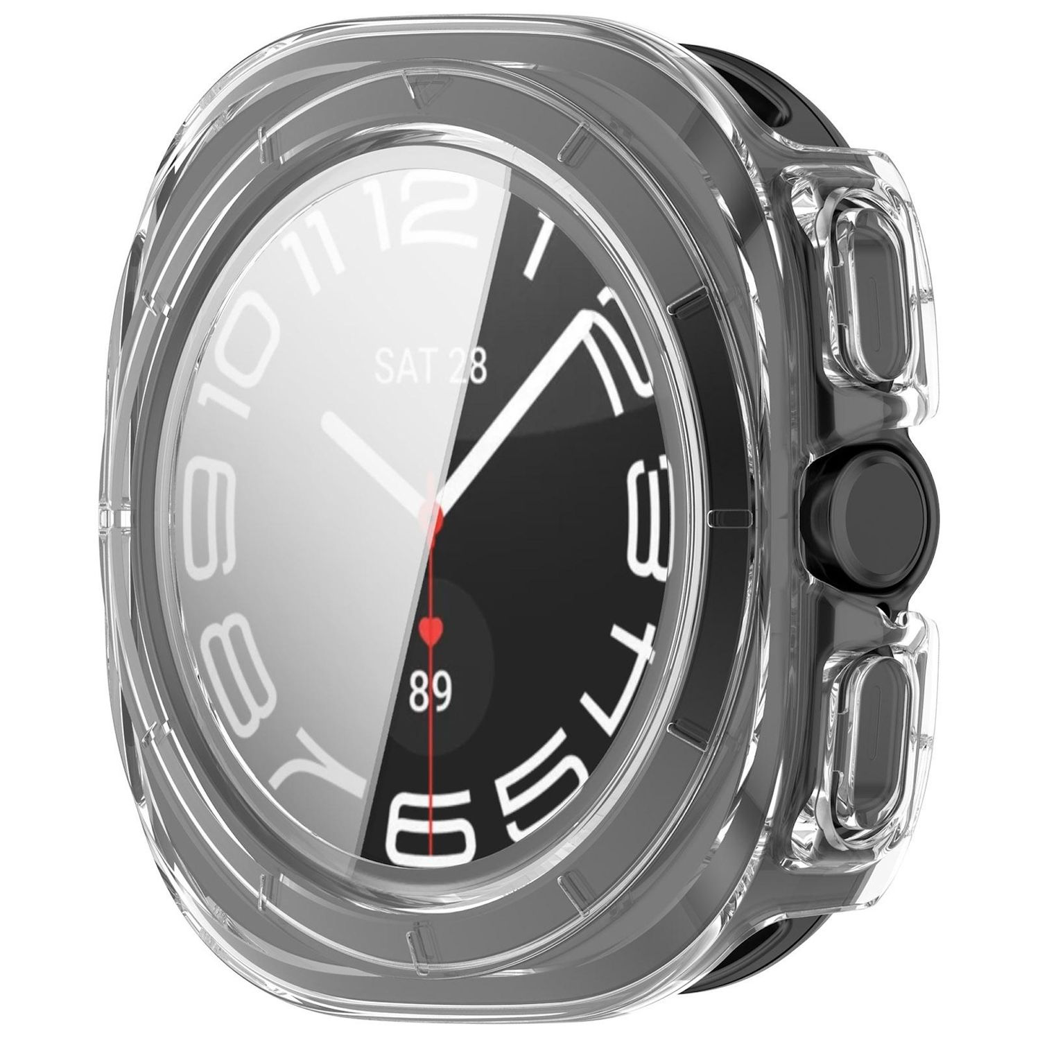 Nahaufnahme einer Smartwatch mit klarer Schutzhülle. Das Zifferblatt zeigt Zeit, Datum und Herzfrequenz in Schwarz und Weiß.