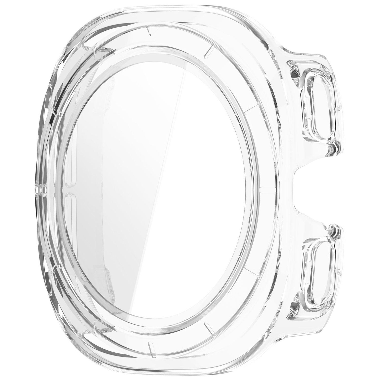 Eine klare, transparente Uhrenhülle, oval geformt mit rechteckiger Verlängerung für Knöpfe. Isoliert auf weißem Hintergrund.