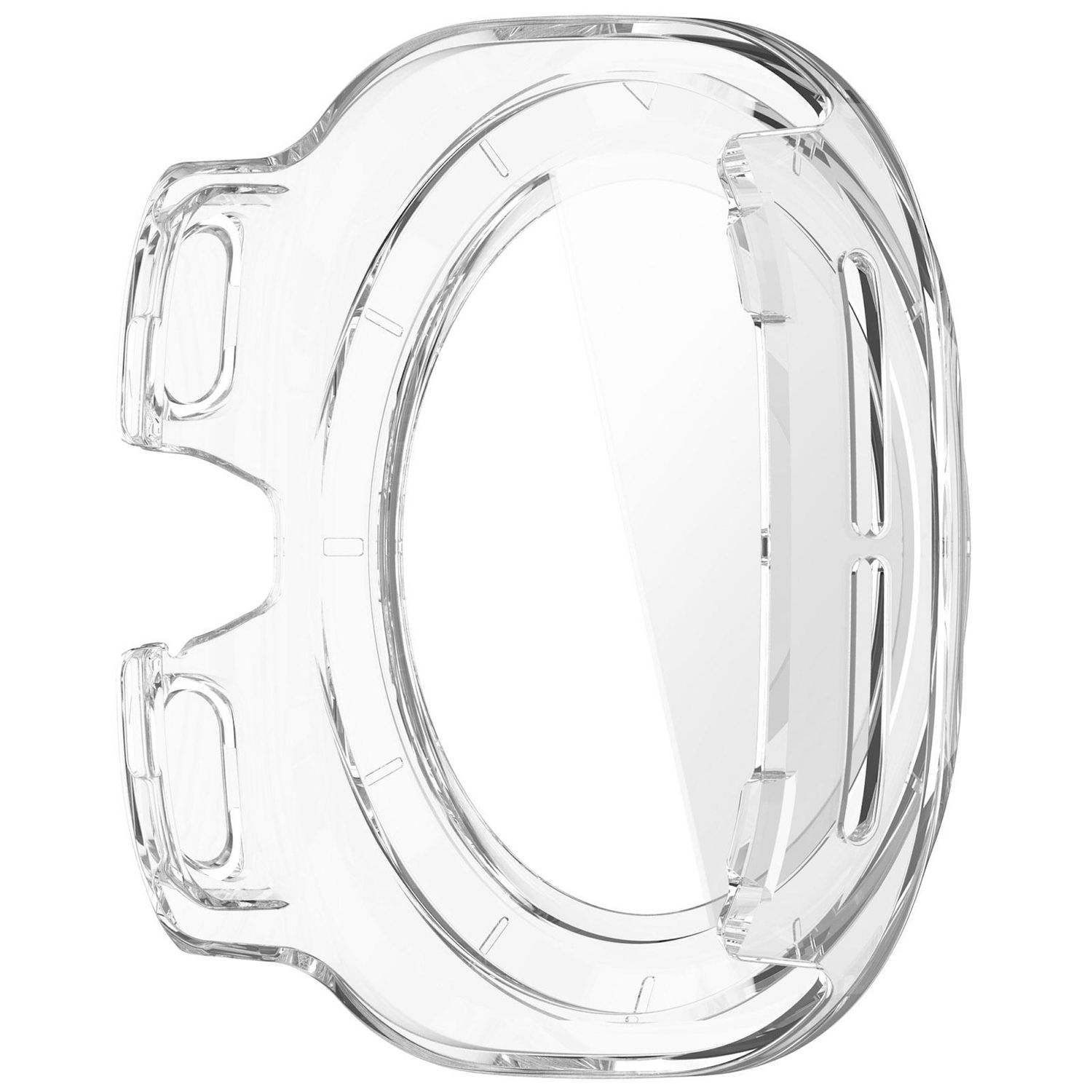 Eine transparente Schutzhülle für die Uhr. Die Hülle hat eine ovale Form mit einem geschwungenen Design und mehreren Aussparungen.