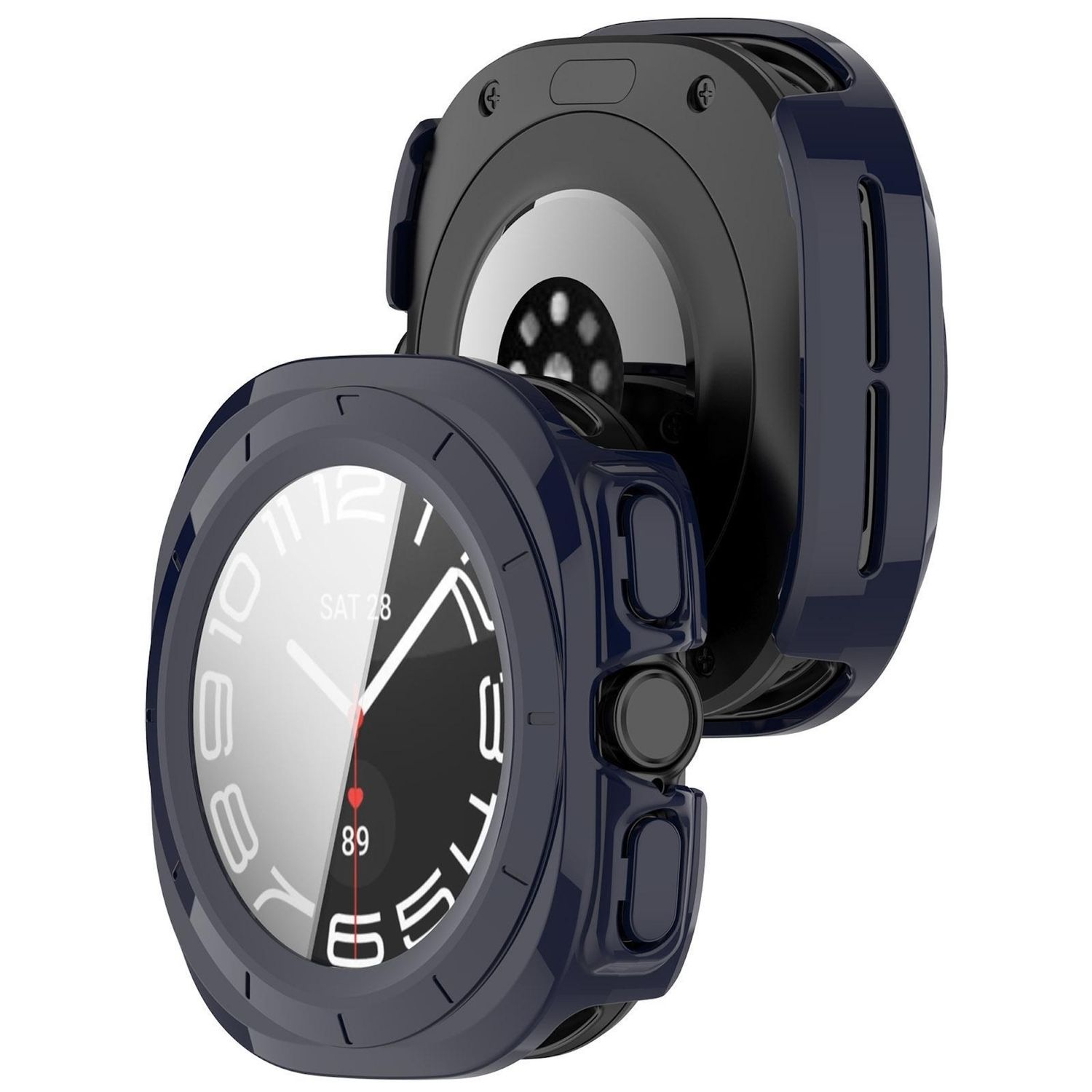 Una custodia per smartwatch blu scuro, che mostra il quadrante con numeri, lancette e indicatore di frequenza cardiaca. Visibile anche il retro dell'orologio.