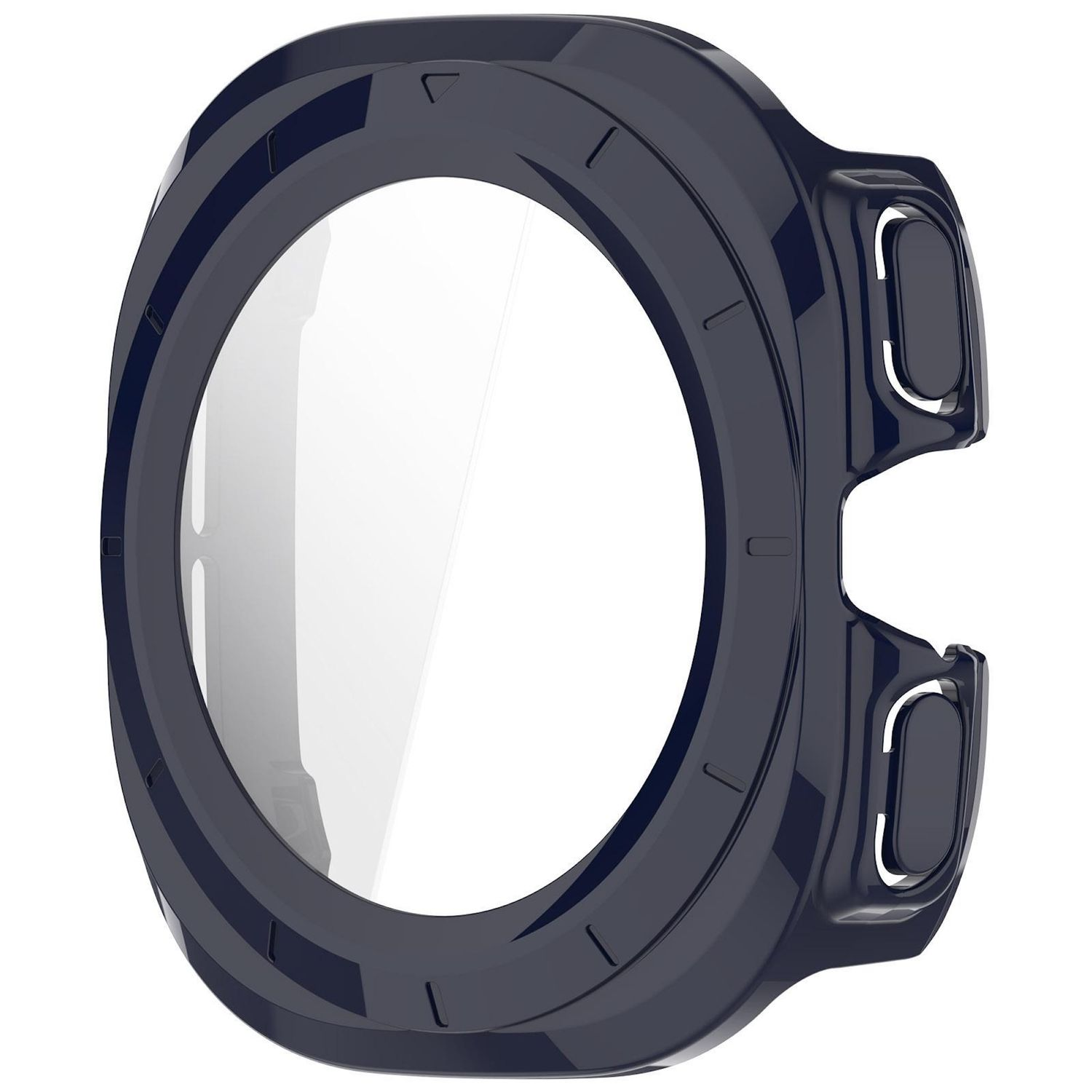Una cassa per orologio blu scuro con un centro trasparente. Ha due pulsanti laterali curvi e un design circolare. La cassa è lucida.