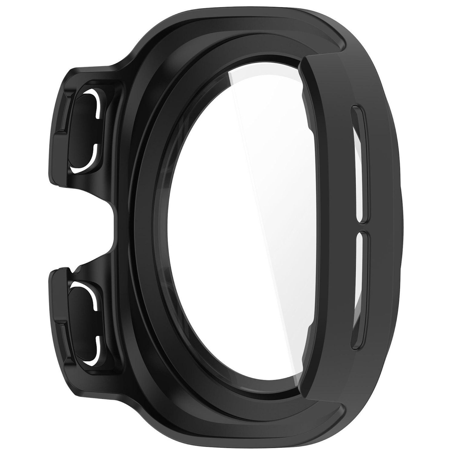 Una custodia per orologio nera con una lente trasparente. Due ritagli curvi sono a sinistra. La lente è al centro.