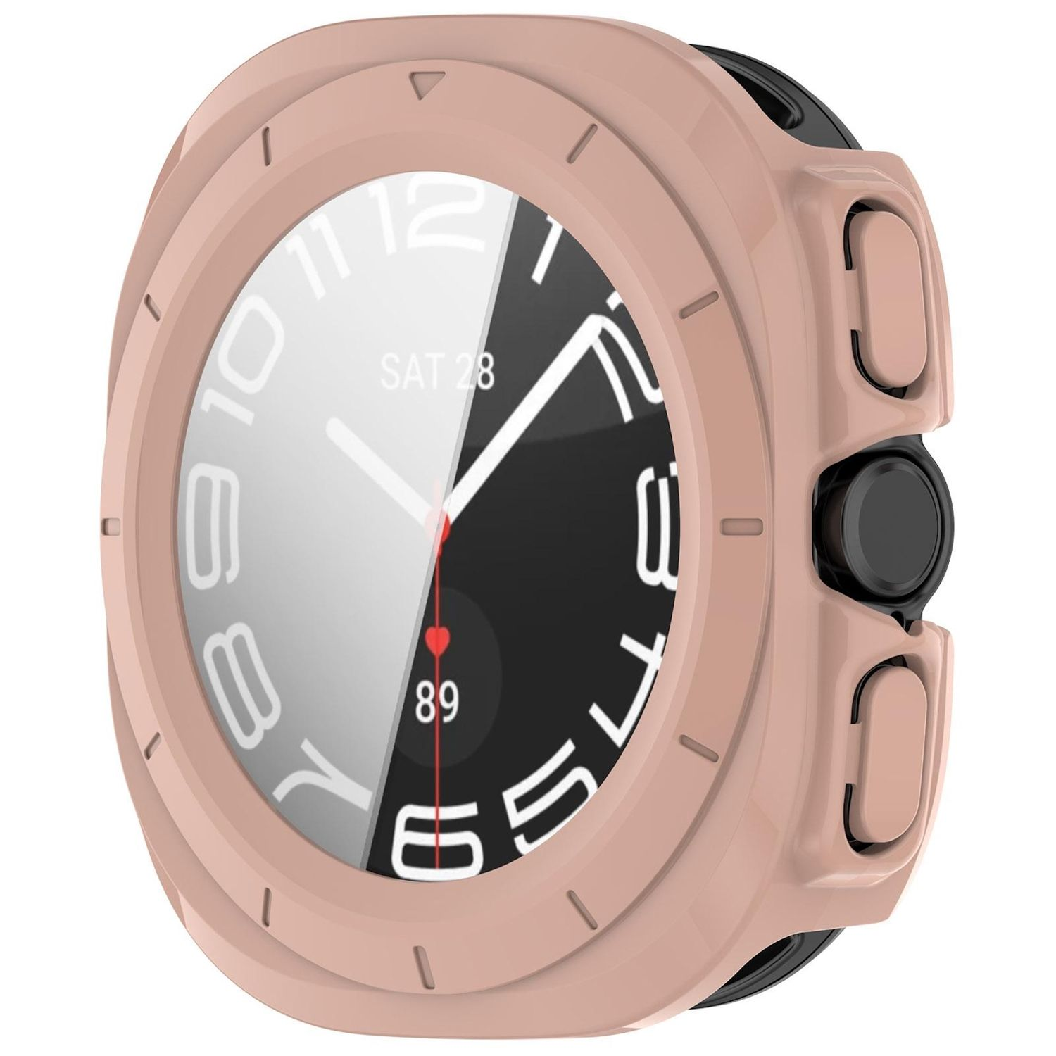 Primo piano di uno smartwatch con cassa rosa e quadrante in bianco e nero. L'orologio mostra la data e l'ora.