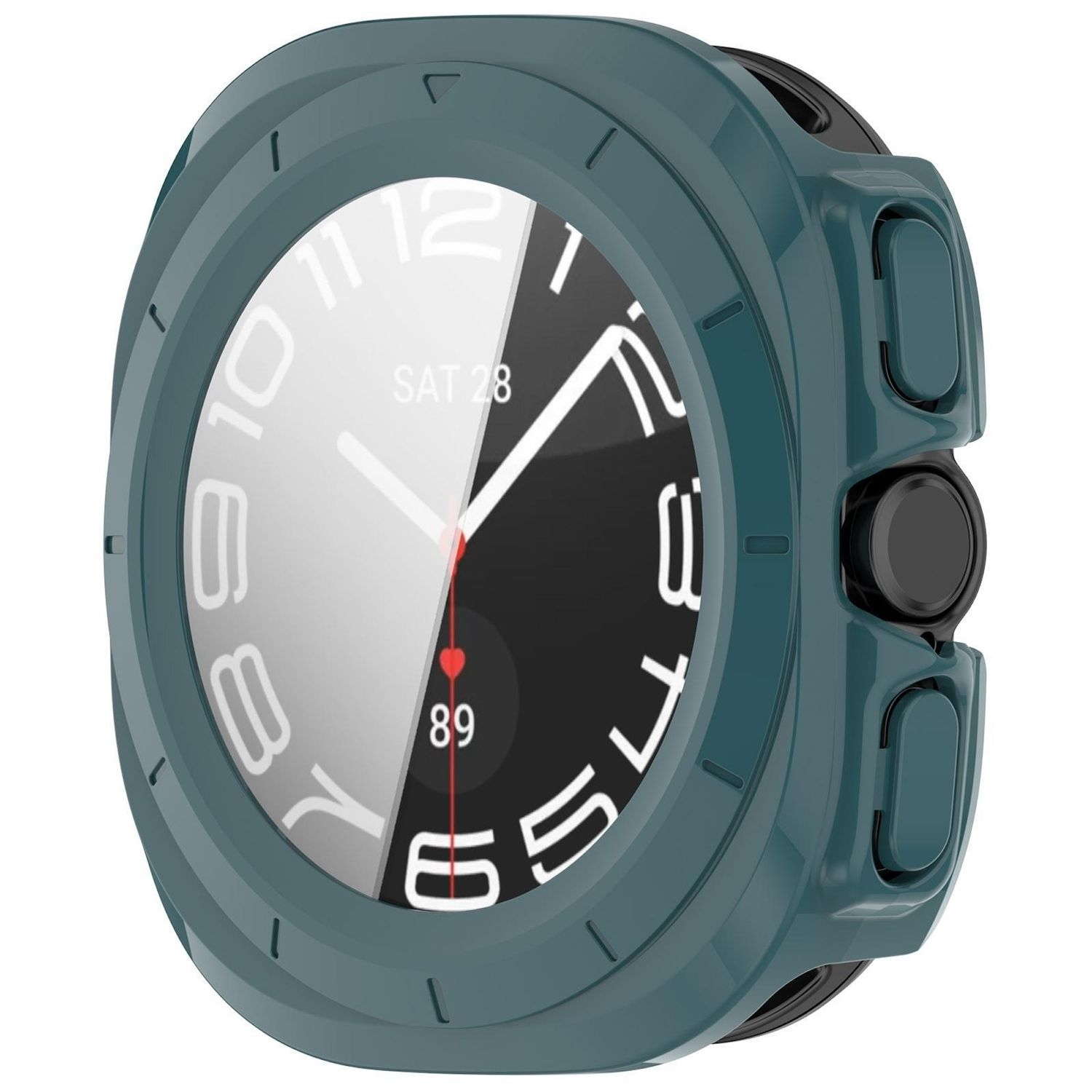 Eine türkisfarbene Smartwatch mit weißem und schwarzem Zifferblatt. Es zeigt Datum, Uhrzeit und Herzfrequenz an.