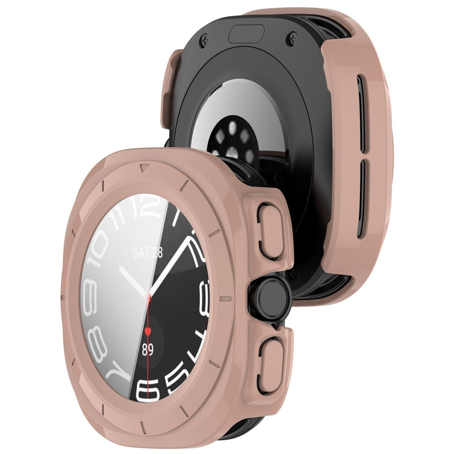Uno smartwatch con custodia rosa è mostrato, parzialmente aperto. Il quadrante mostra data, ora e livello della batteria.