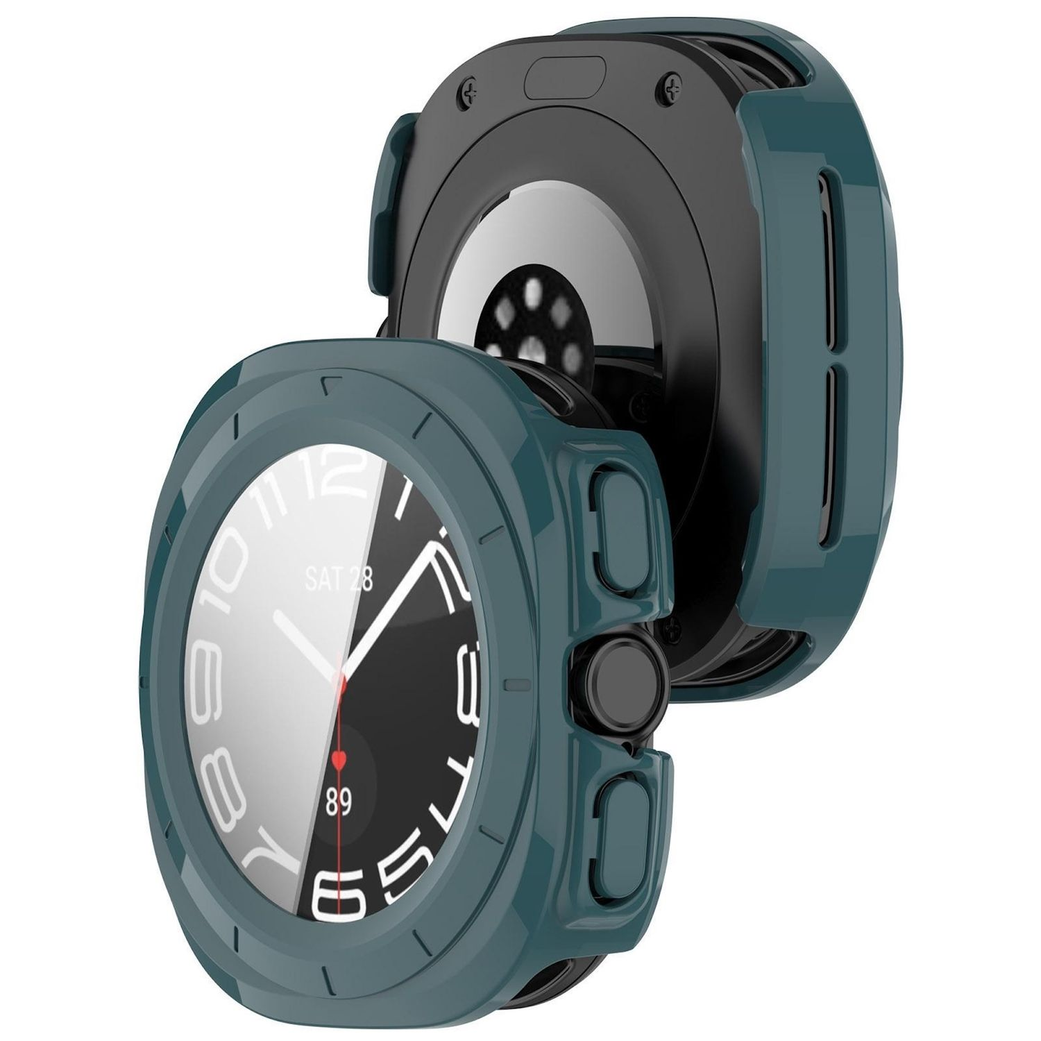 Nahaufnahme einer Smartwatch mit tealfarbenem Gehäuse. Der Bildschirm zeigt Datum, Uhrzeit und Herzfrequenz. Die Uhr ist teilweise zerlegt.