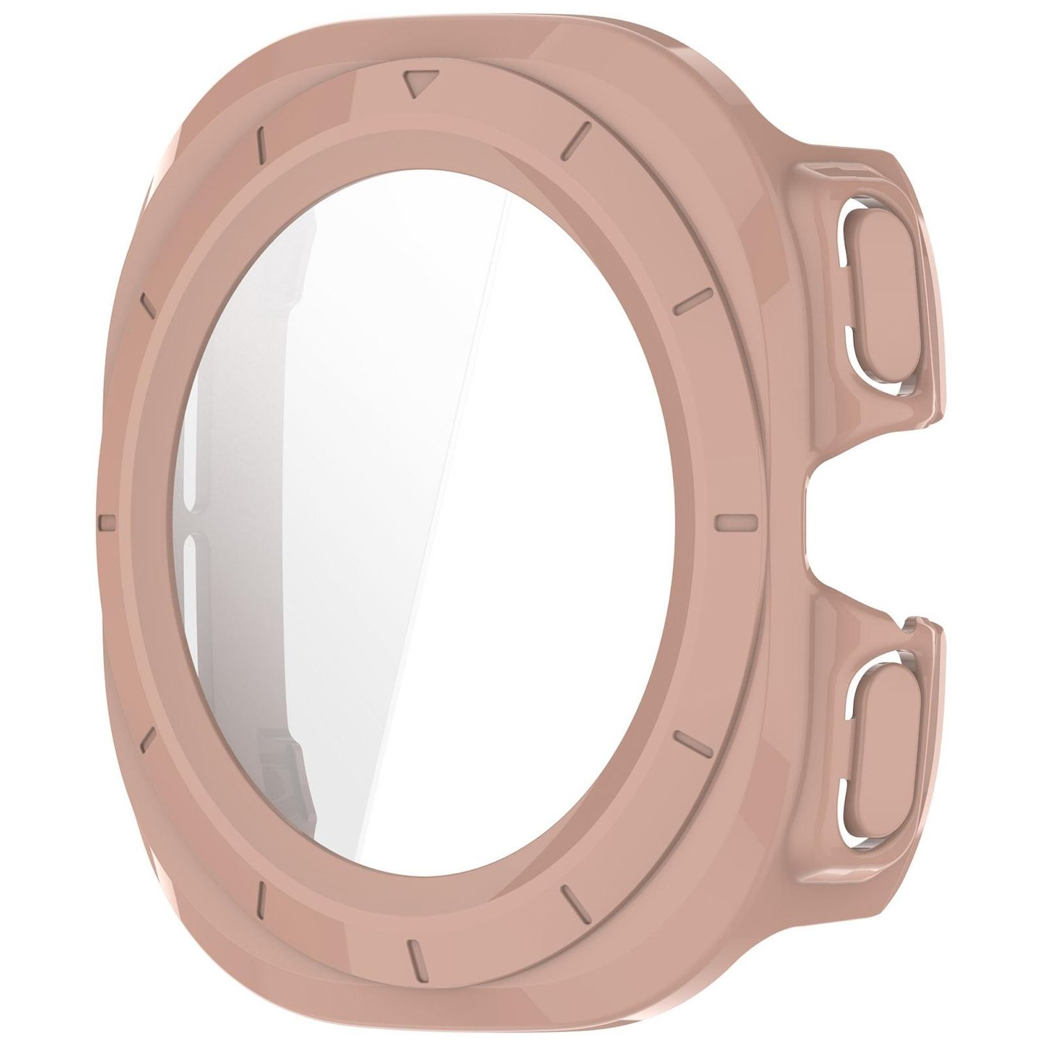 Una cassa per orologio rosa con centro trasparente e due pulsanti laterali, su sfondo bianco.