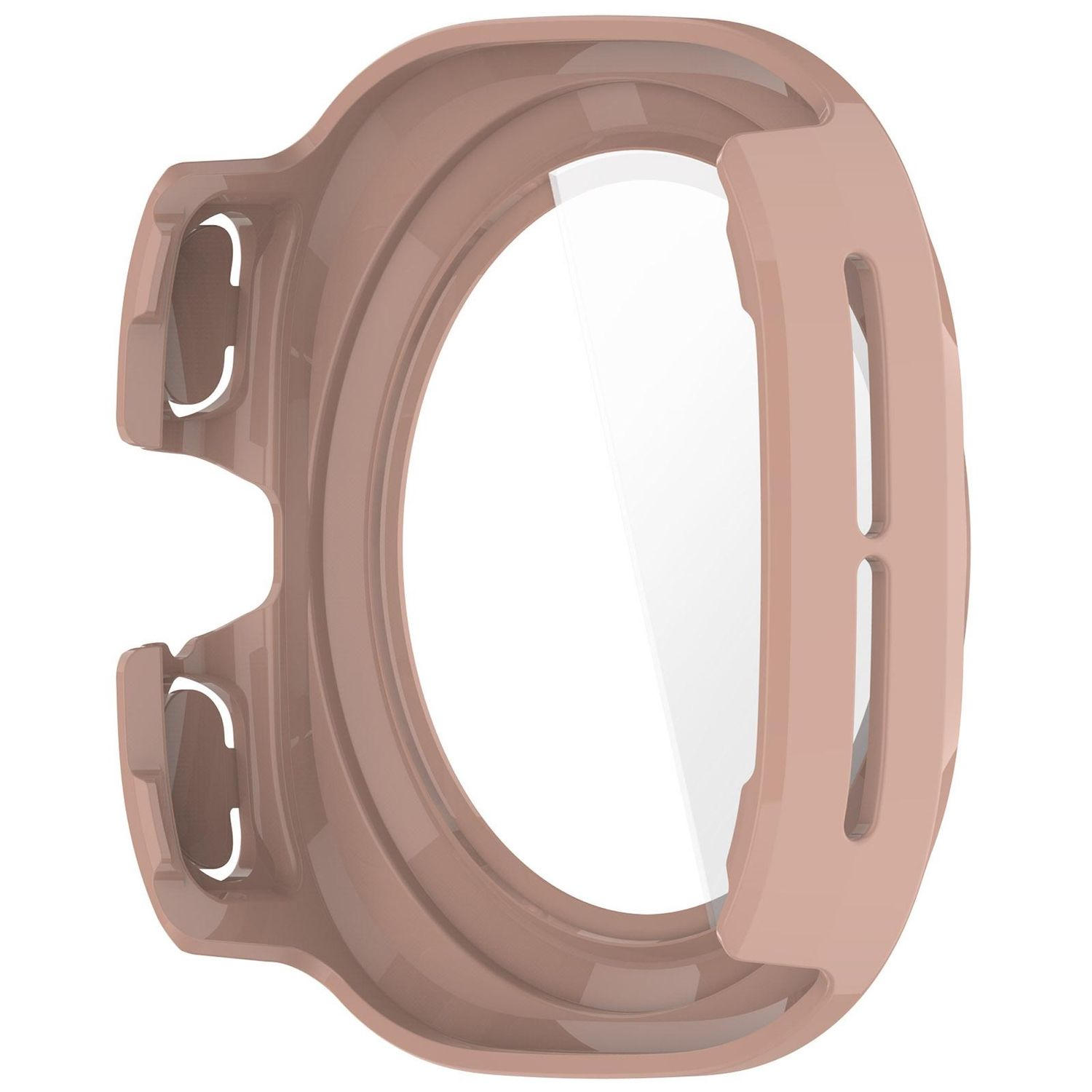 Una custodia protettiva per orologio color rosa con una protezione schermo trasparente. Ha una forma arrotondata con ritagli e un'apertura rettangolare.
