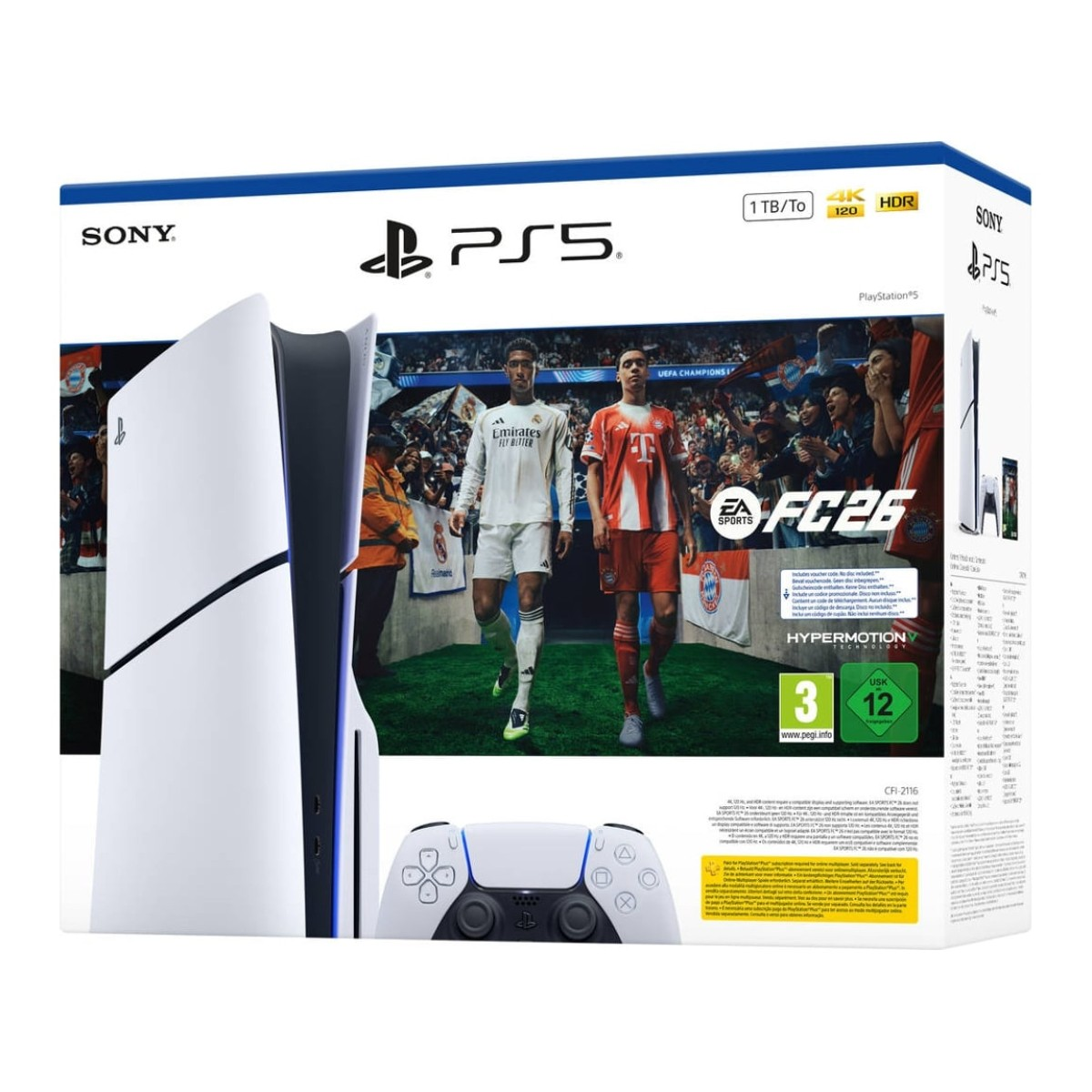 Wyświetlana jest konsola PlayStation 5 i kontroler. Pudełko przedstawia piłkarzy nożnych oraz szczegóły dotyczące gry i konsoli.