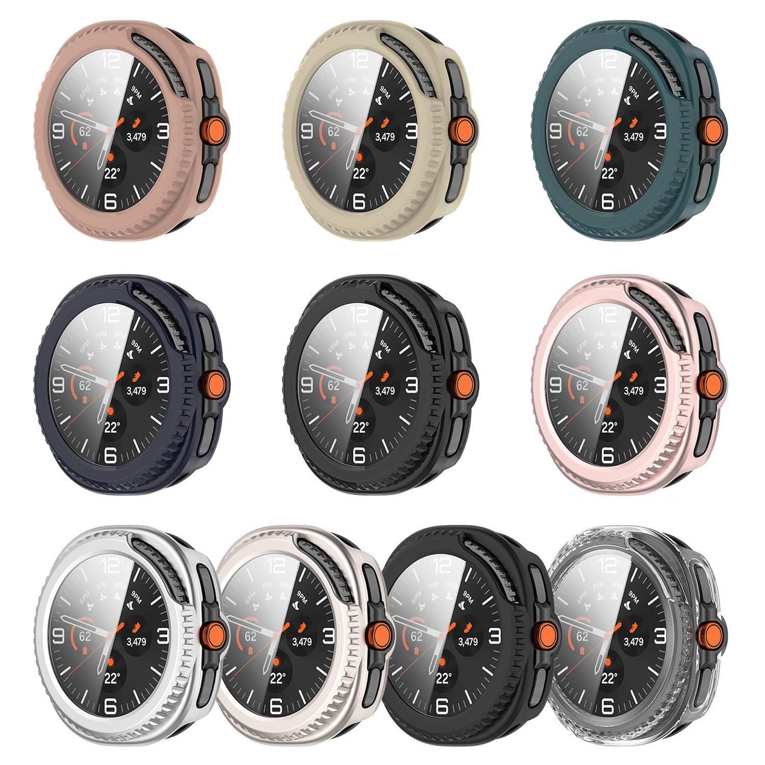 Nove smartwatch con casse e quadranti di diversi colori vengono visualizzati. Ognuno mostra l'ora e altri dati.