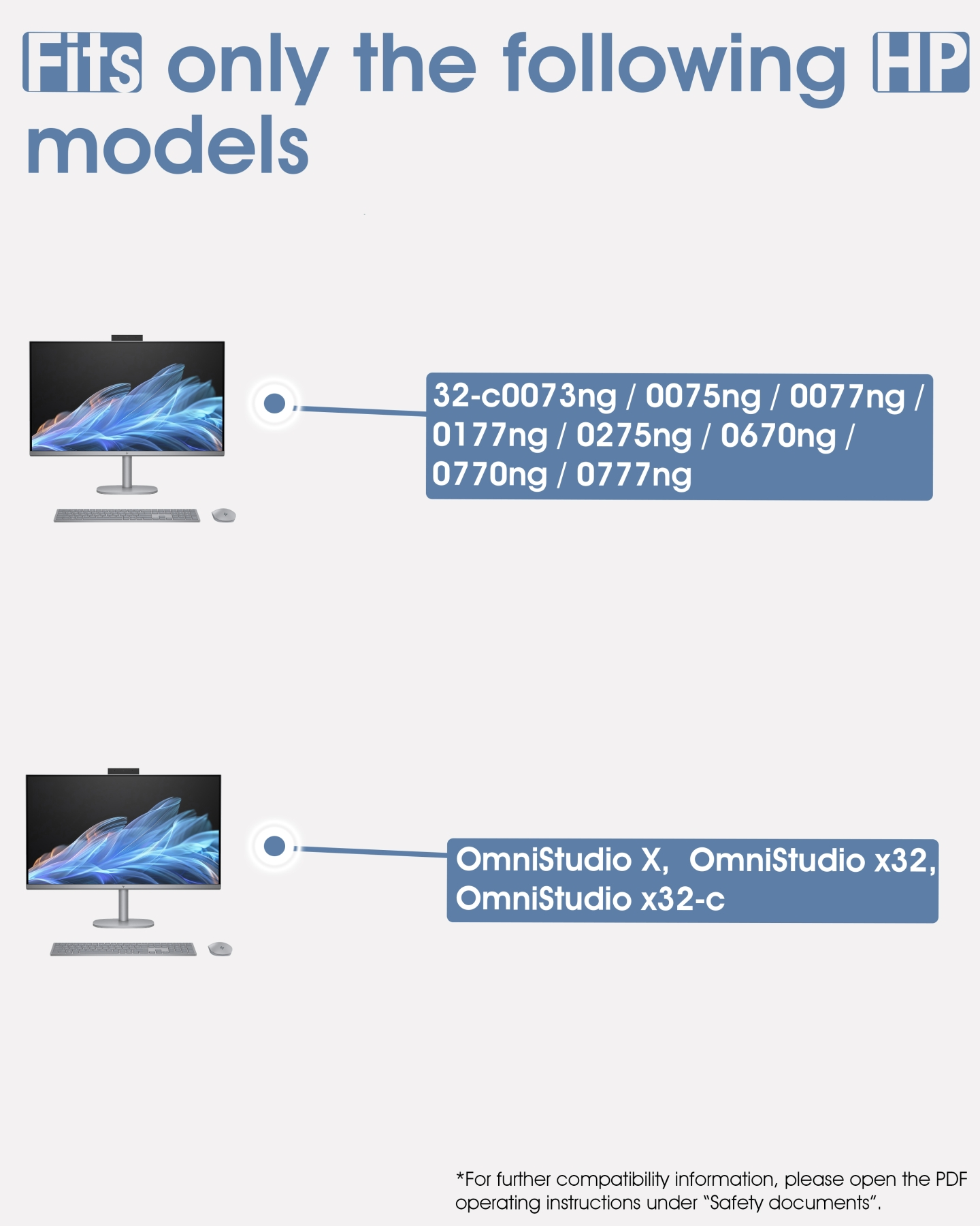 Das Bild zeigt zwei HP-Computer-Setups und Modellnummern. Text: Passt nur für folgende HP-Modelle. Kompatibilitätsinformationen.