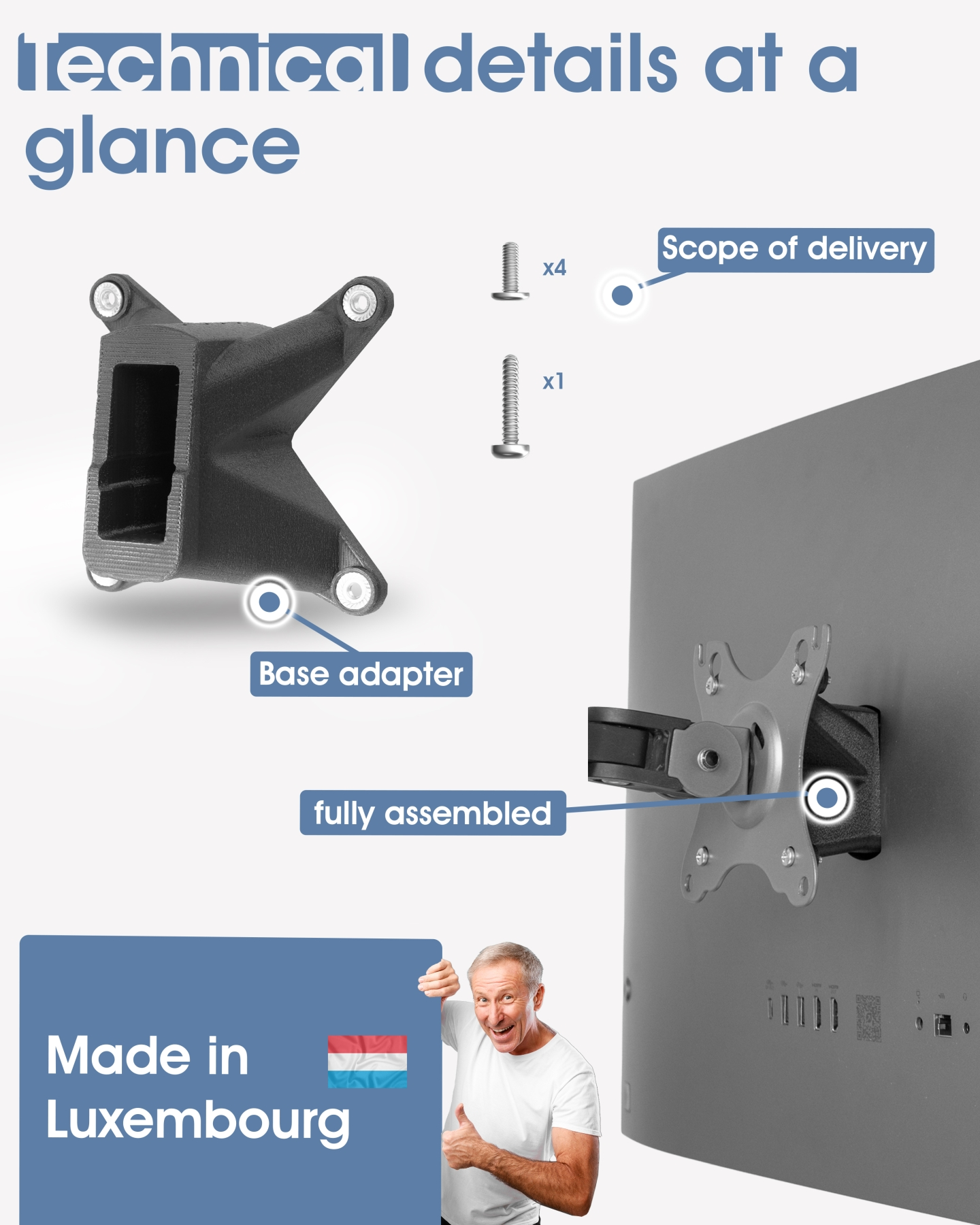 Das Bild zeigt eine Monitorhalterung, Schrauben und einen Mann, der ein Schild 'Made in Luxembourg' hält und den Daumen hoch hält. Text beschriftet Teile.