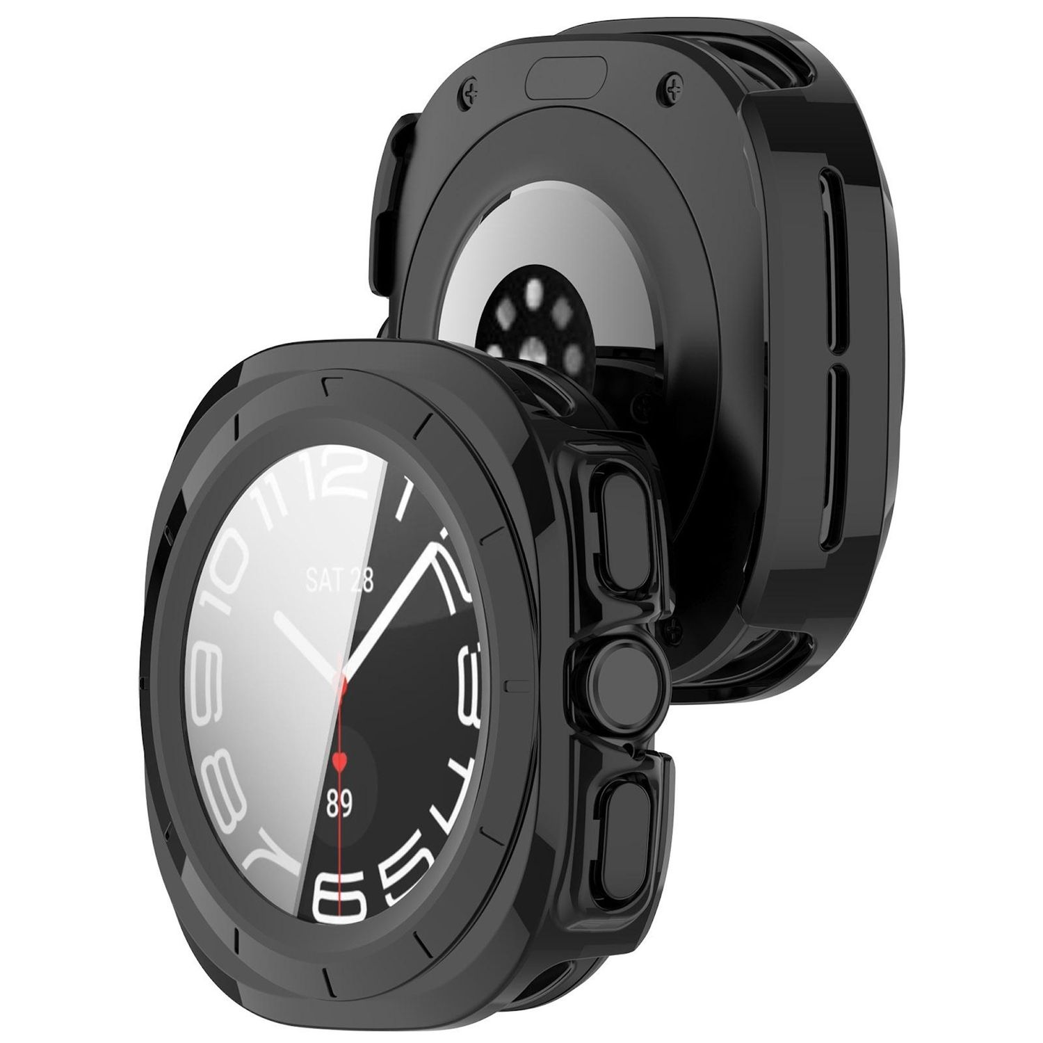 Schwarze Smartwatch mit Schutzhülle. Das Zifferblatt zeigt Uhrzeit und Datum. Der Hintergrund ist weiß.