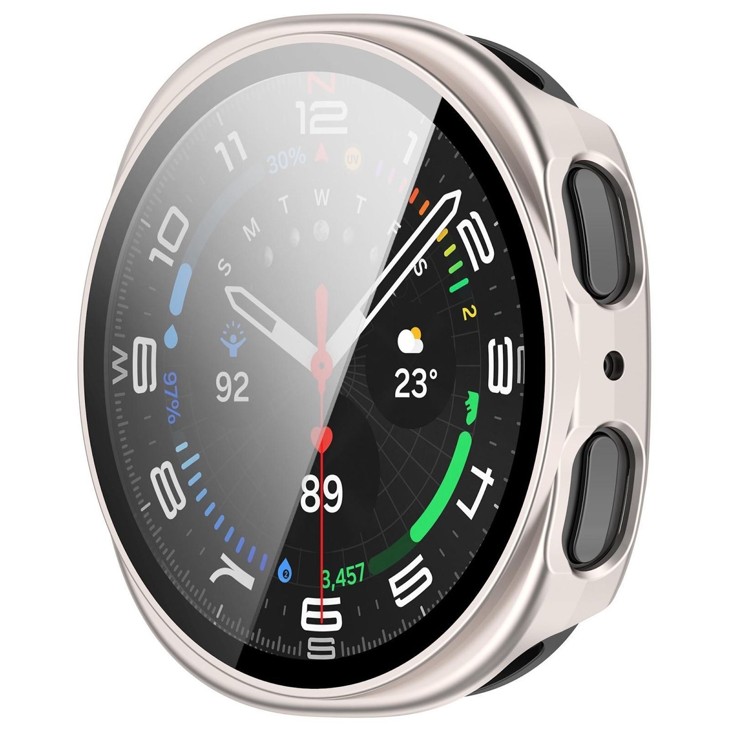 Primo piano di uno smartwatch con lunetta argentata. Il quadrante mostra numeri, lancette e vari punti dati, con sfondo nero e grigio.