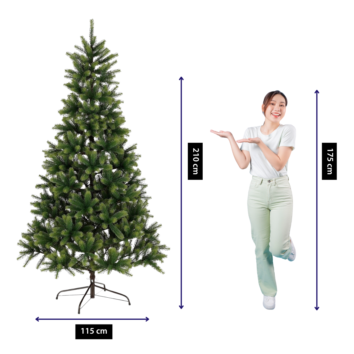 Un sapin de Noël artificiel vert avec une femme à côté. Des mesures de l'arbre et de la femme sont également présentes.