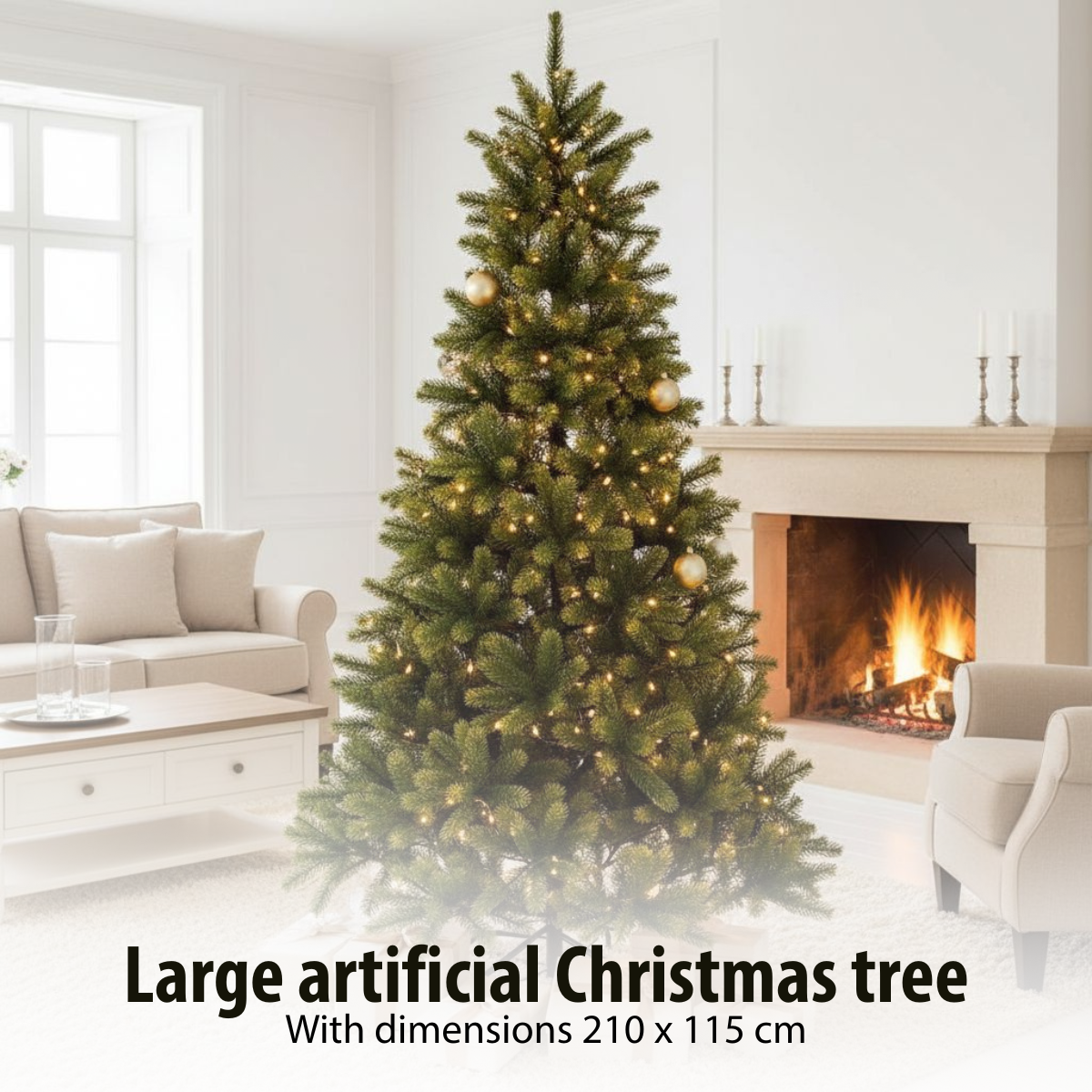Un grand sapin de Noël artificiel décoré de lumières et d'ornements dans un salon lumineux.