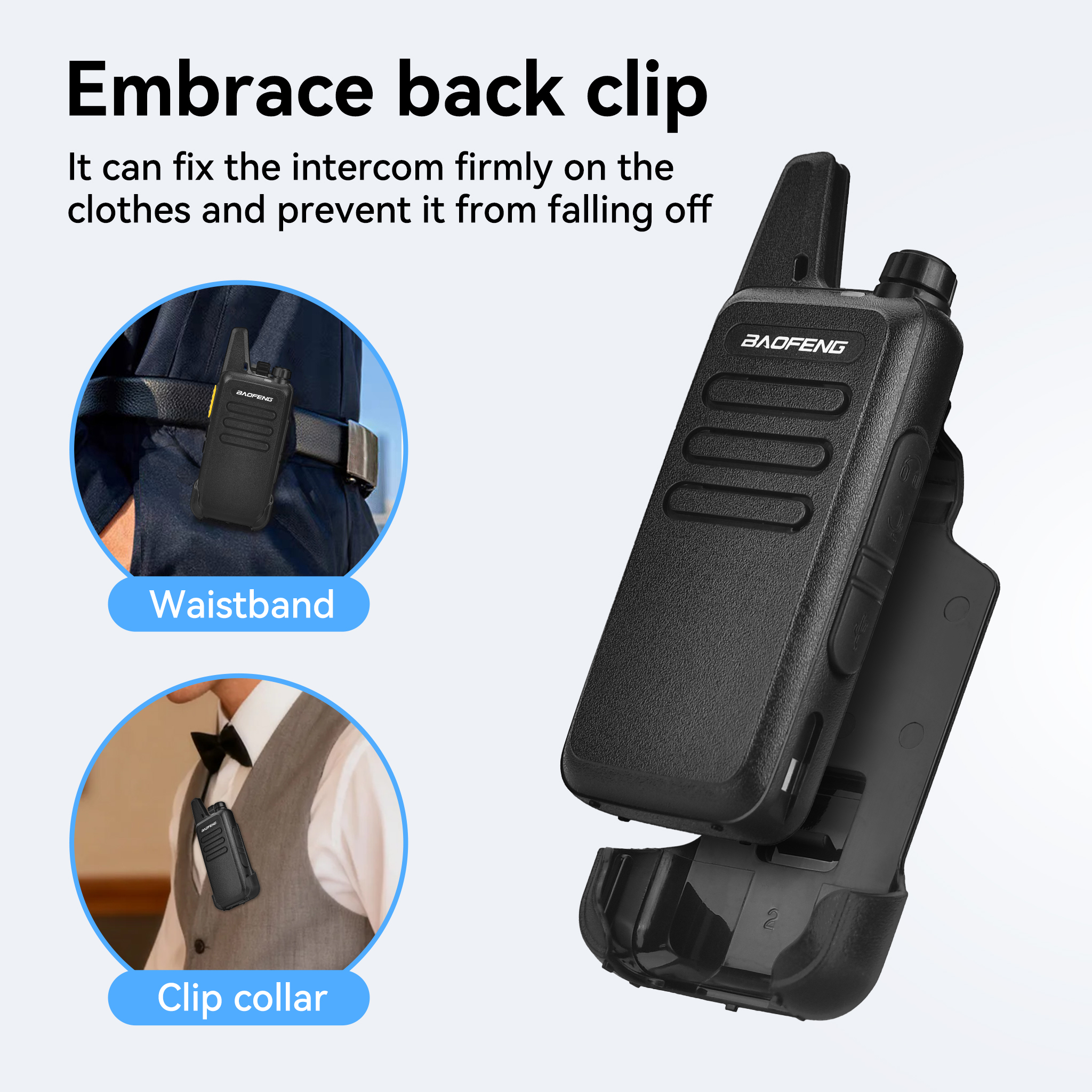 Un walkie-talkie Baofeng negro con clip, mostrado sujeto a una cintura y a un cuello de camisa.