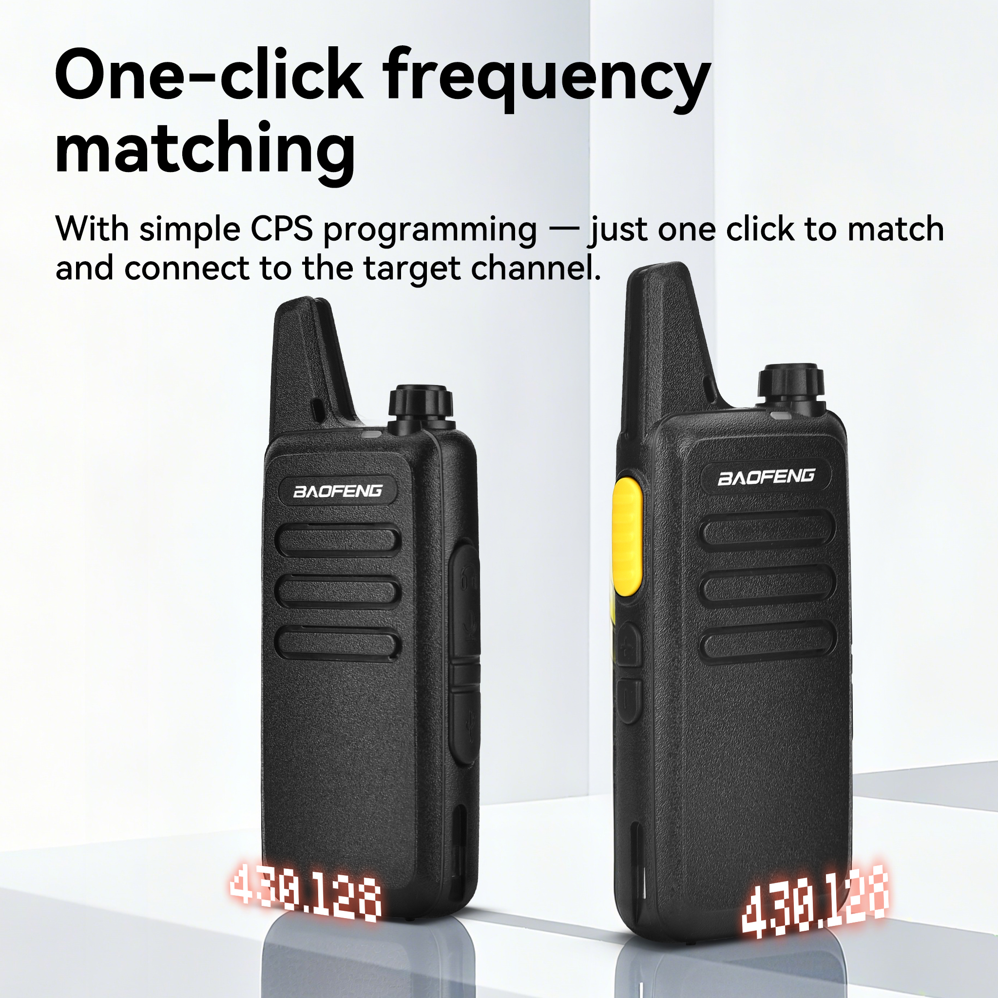 Se muestran dos walkie-talkies negros, uno con un botón amarillo. El texto superior dice 'Coincidencia de frecuencia con un clic'.