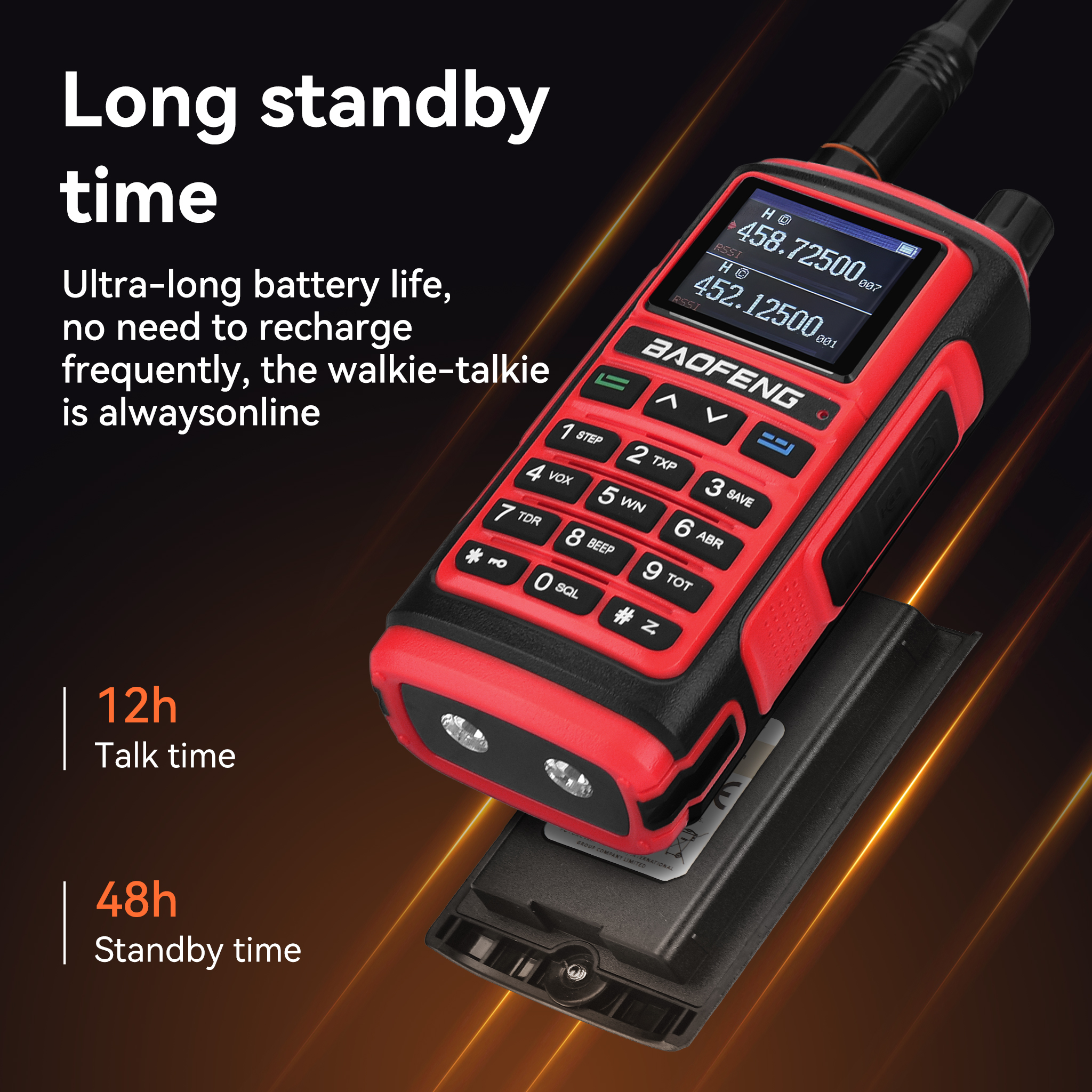 Un walkie-talkie rosso e nero con schermo. La batteria è mostrata. Il testo dice 'Tempo di standby lungo'.