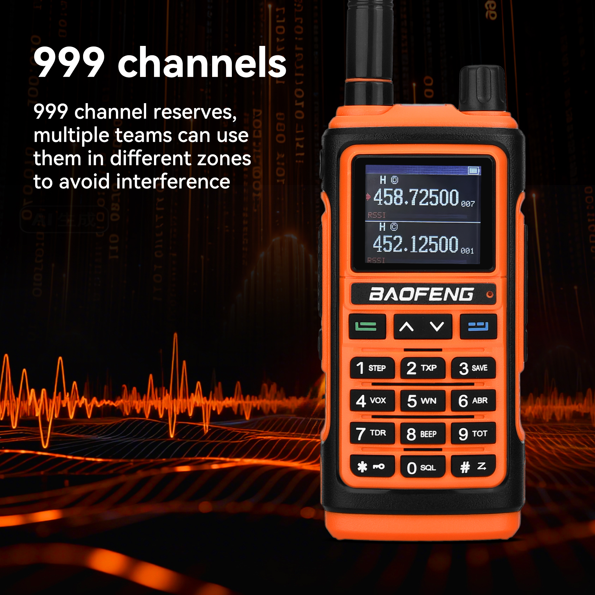 Se muestra una radio Baofeng naranja y negra, con pantalla y botones. En el fondo hay ondas sonoras naranjas.