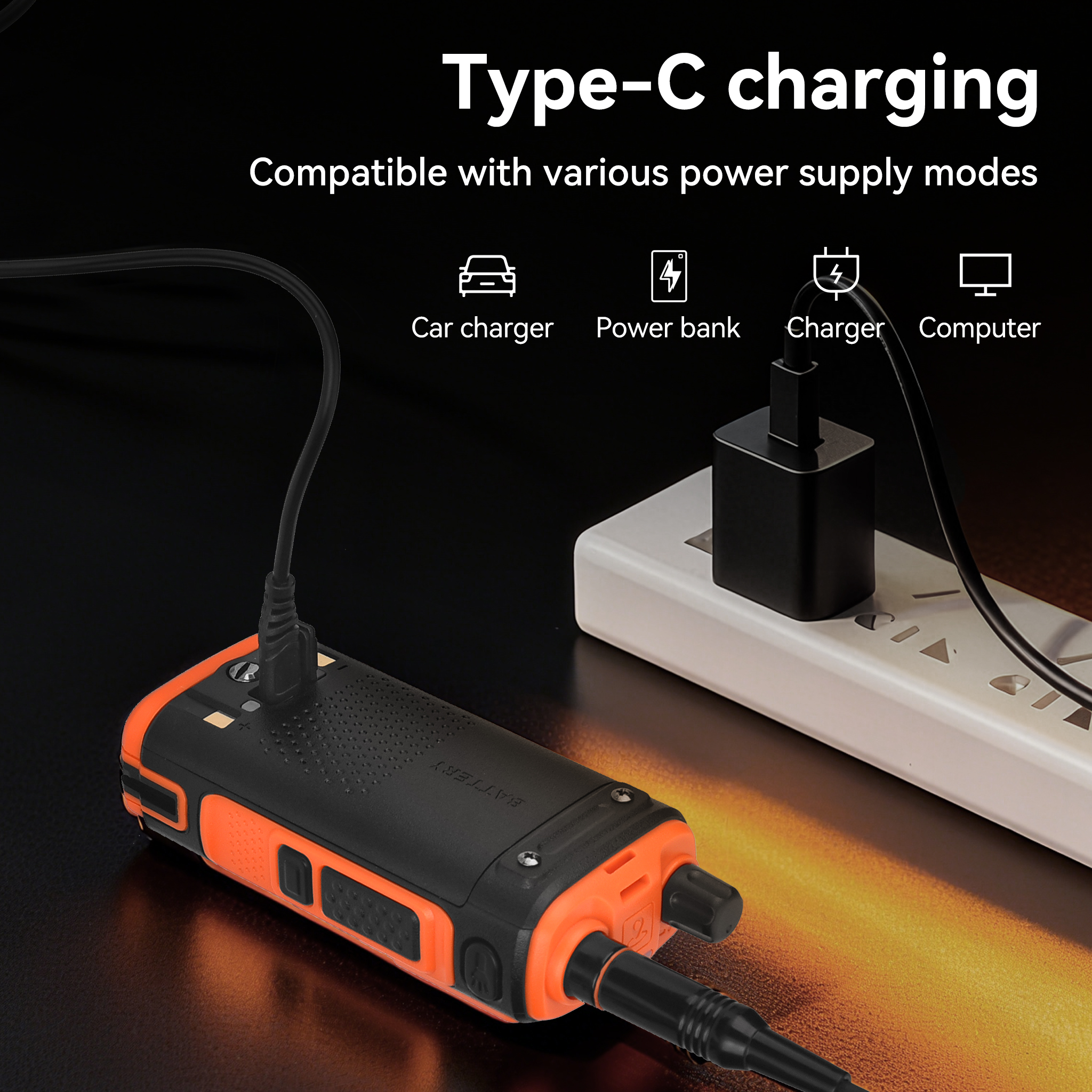 Un dispositivo naranja y negro se carga mediante un cable Tipo-C. La imagen muestra opciones de carga: coche, banco de energía, cargador, ordenador.