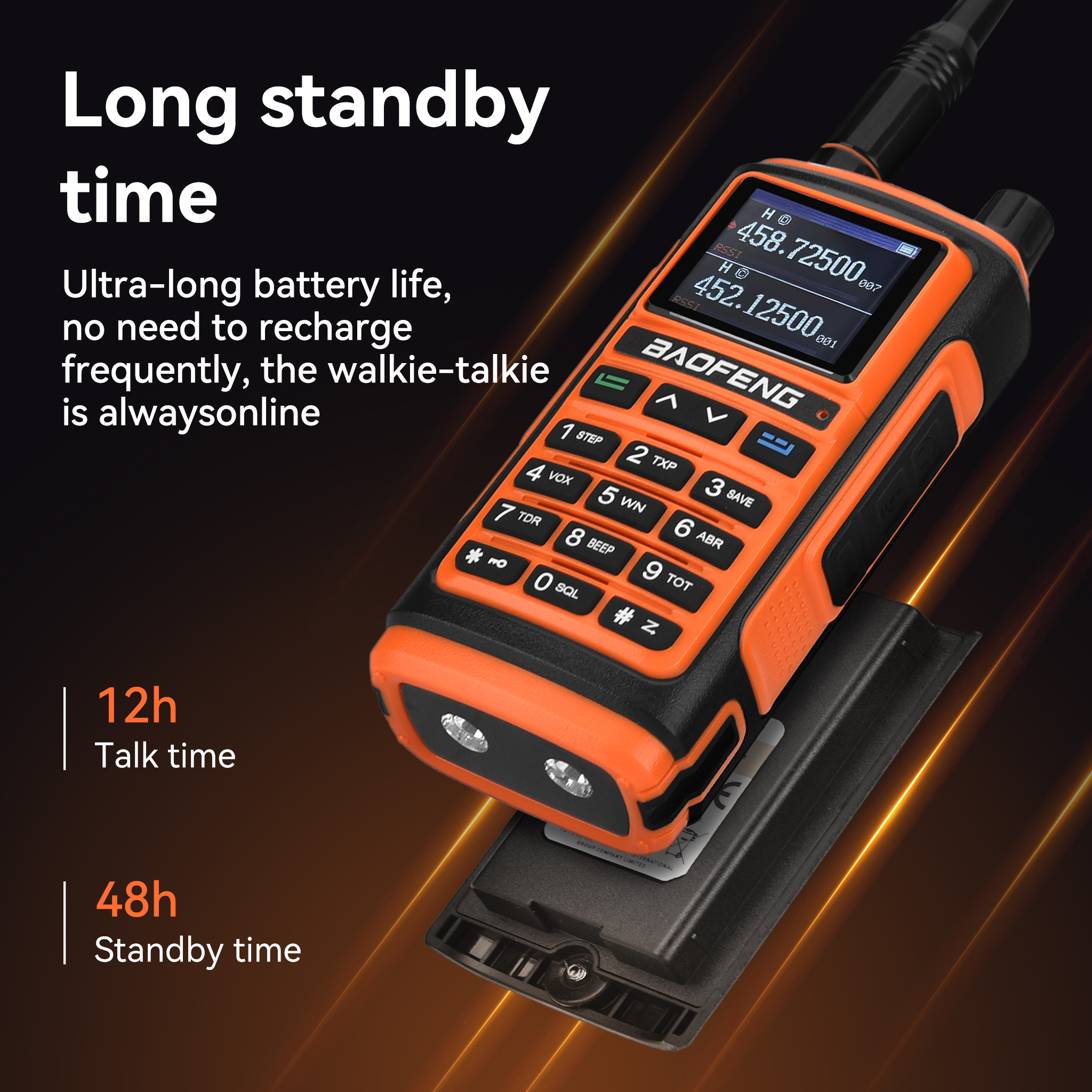 Un walkie-talkie naranja y negro con una pantalla que muestra frecuencias está sobre una batería. El texto dice tiempo de espera prolongado.