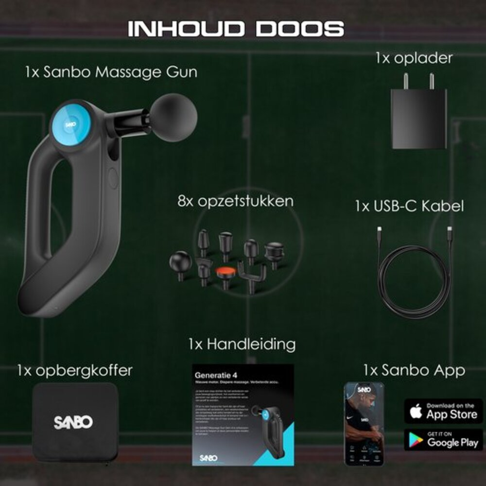 Imagen muestra una pistola de masaje, cargador, cable, accesorios, estuche, manual y opciones de descarga de la aplicación.