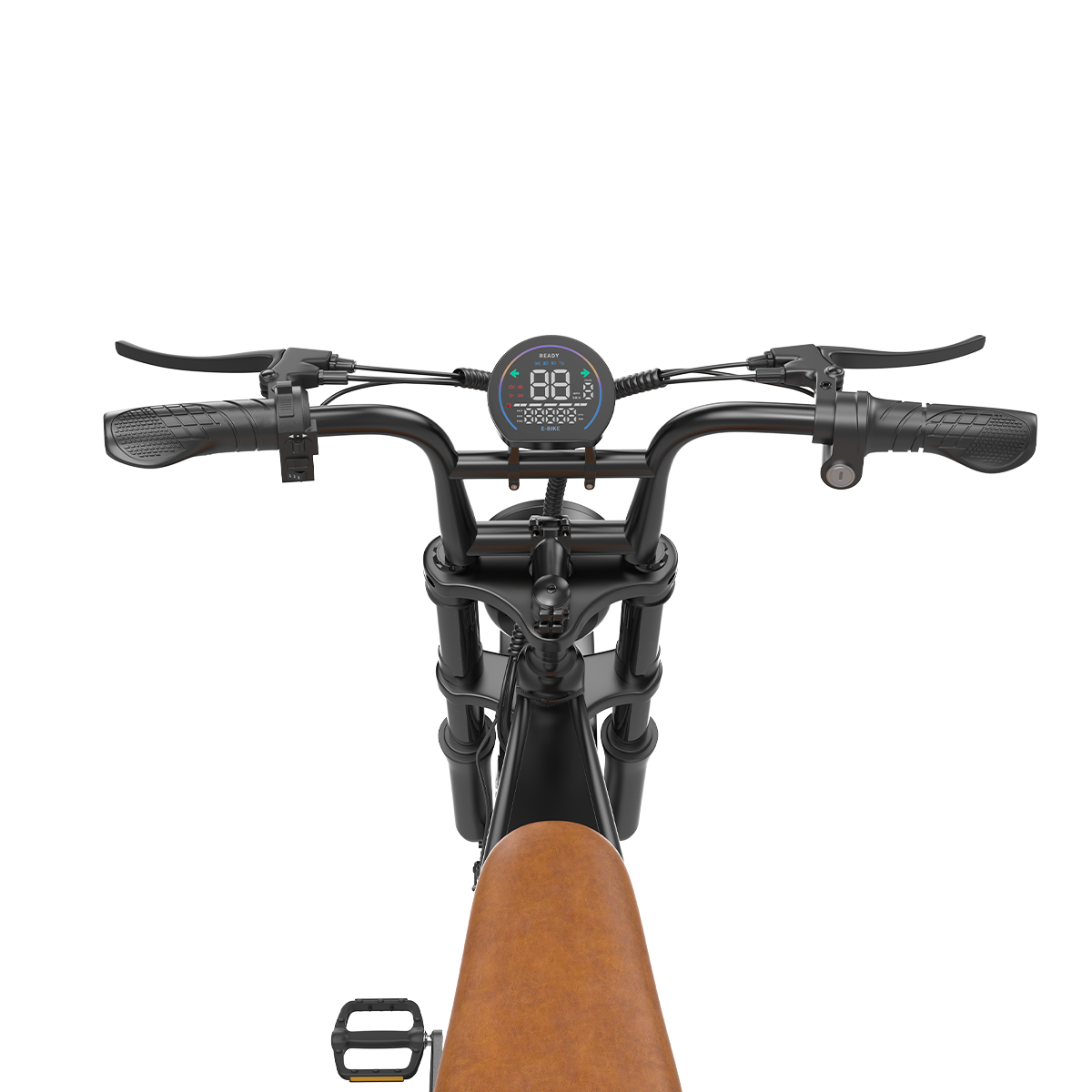 Widok z góry na czarny rower elektryczny. Widoczne są kierownica, wyświetlacz, siodełko i pedały na białym tle.