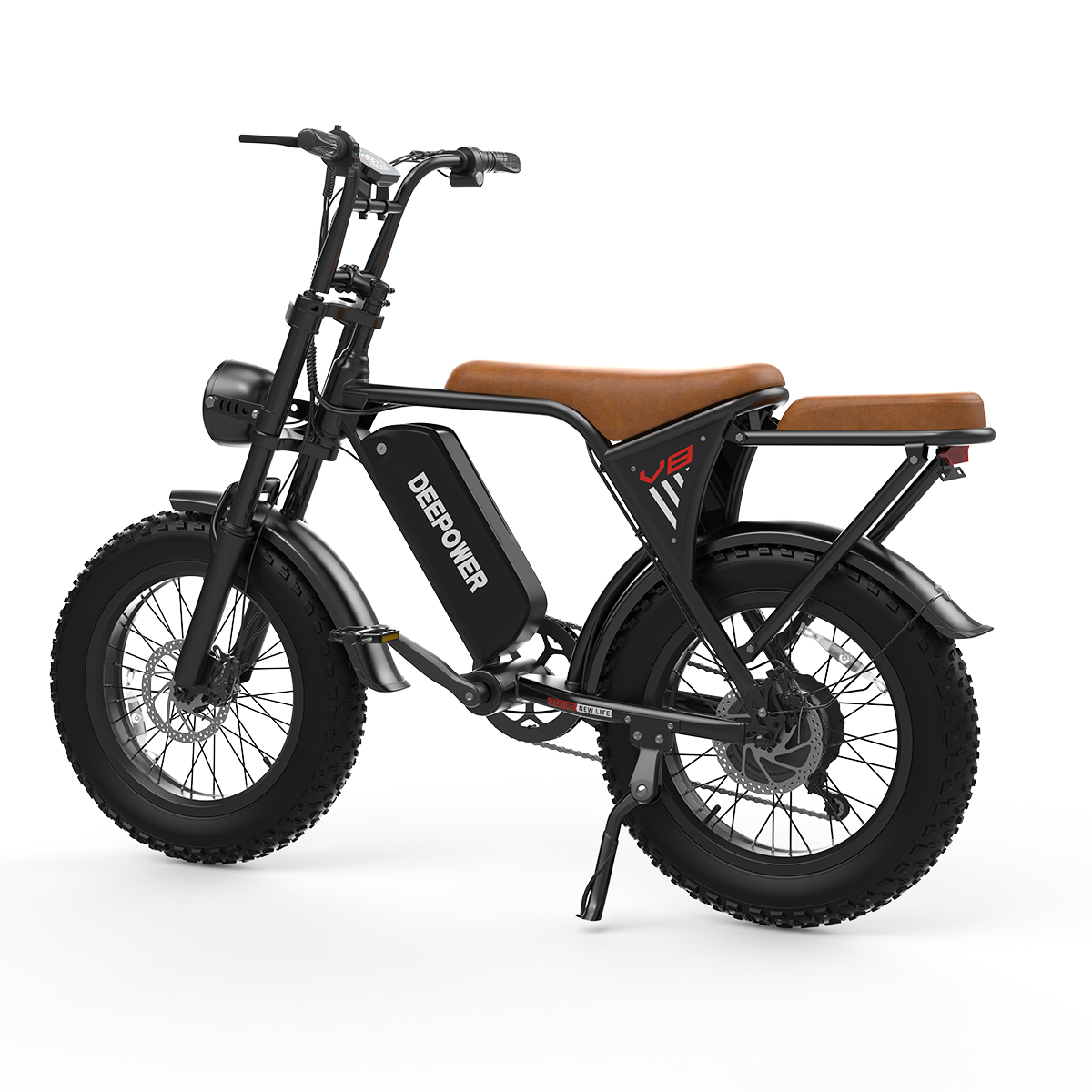 Czarny rower elektryczny DEEPOWER z brązowym siedzeniem, dużymi oponami i reflektorem. Na białym tle.