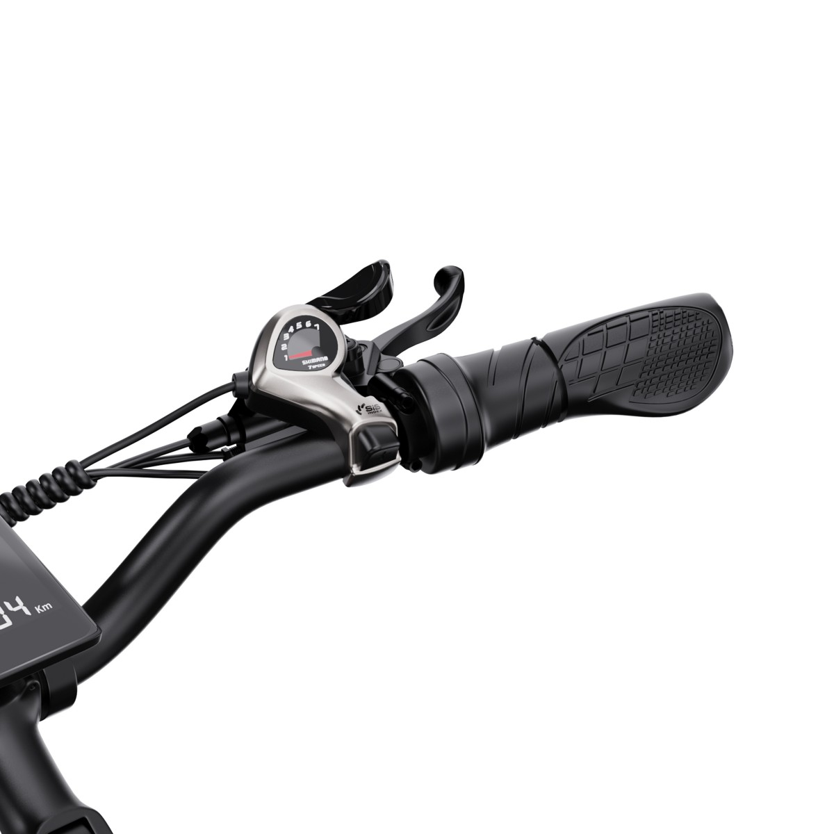 Zbliżenie kierownicy roweru. Widoczne są zmiana biegów, dźwignia hamulca i uchwyt. Tło jest białe.