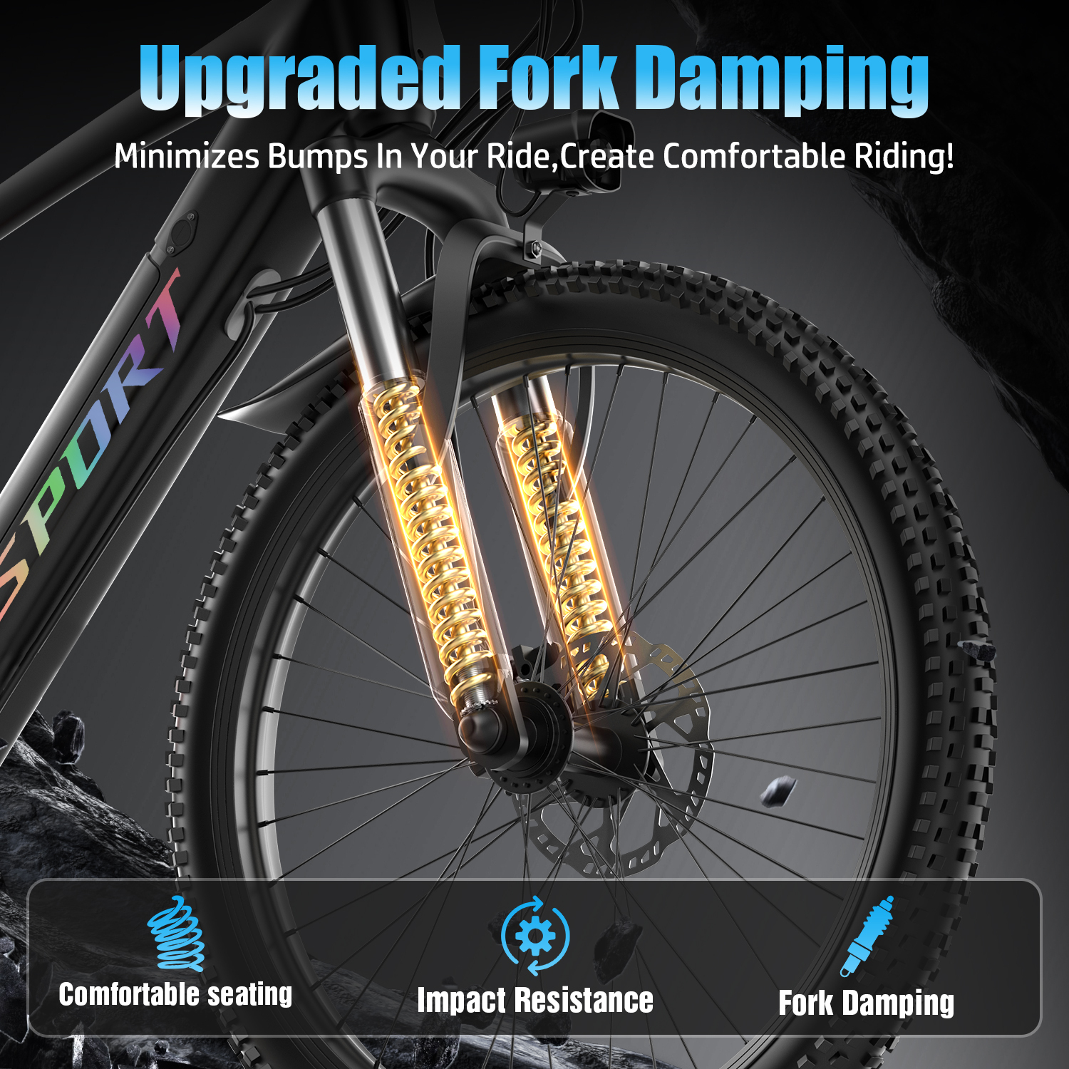 Nahaufnahme einer Fahrradgabel mit Reifen. Text sagt 'Upgraded Fork Damping' und 'Comfortable Riding'.