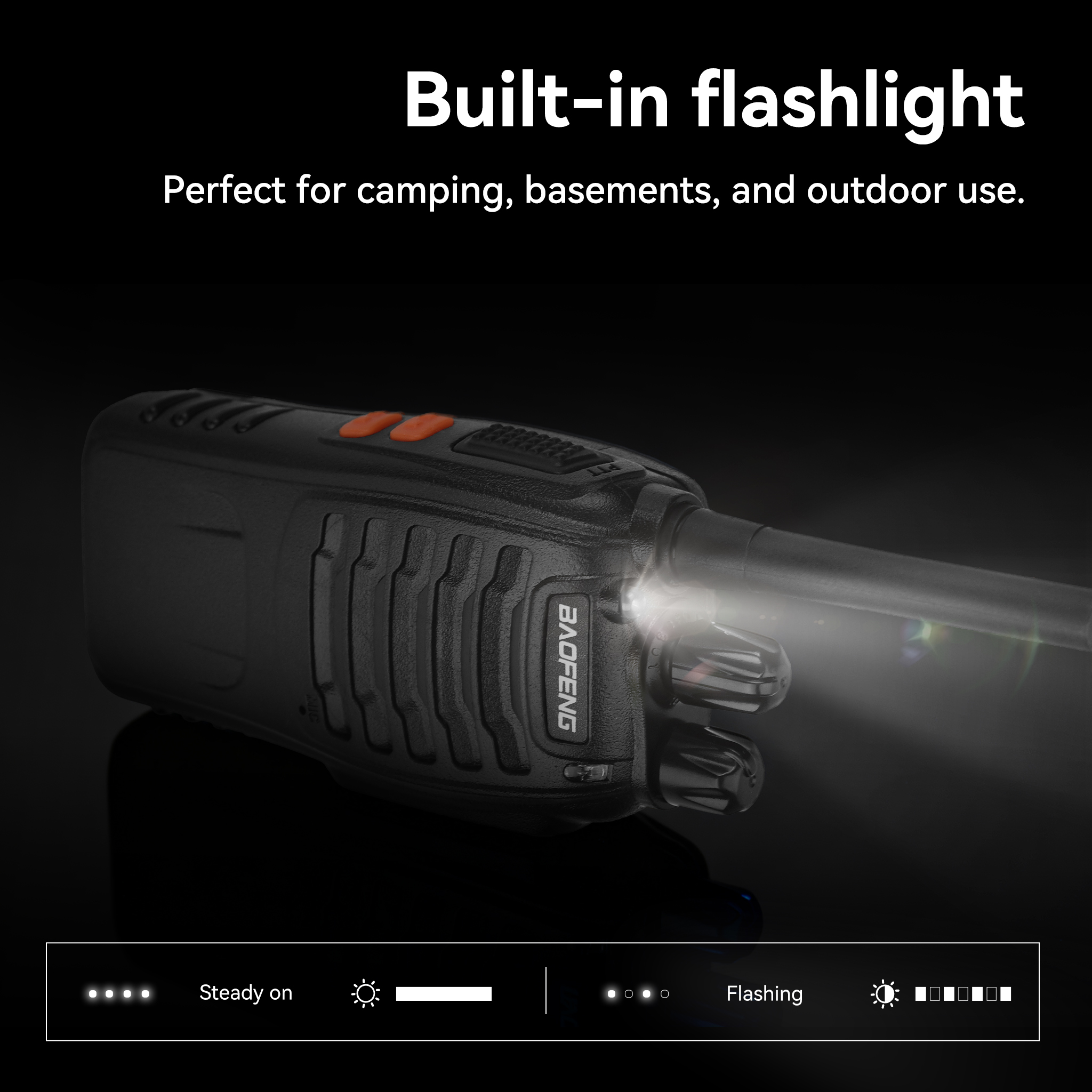 Una radio Baofeng nera con una torcia integrata illumina in avanti. Il testo indica che è perfetta per l'uso all'aperto.
