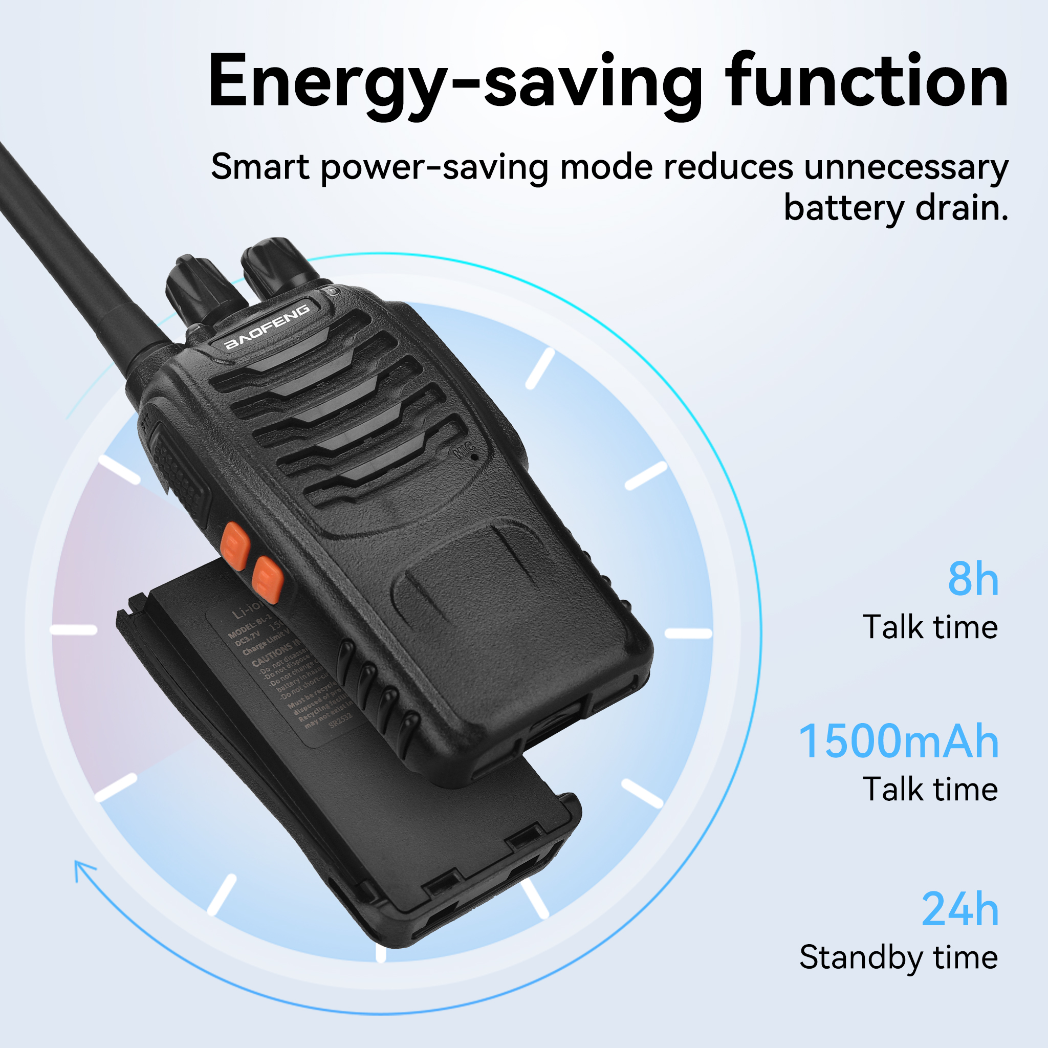 Walkie-talkie nero con pulsanti arancioni e batteria separata, testo sul risparmio energetico e sul tempo di conversazione.