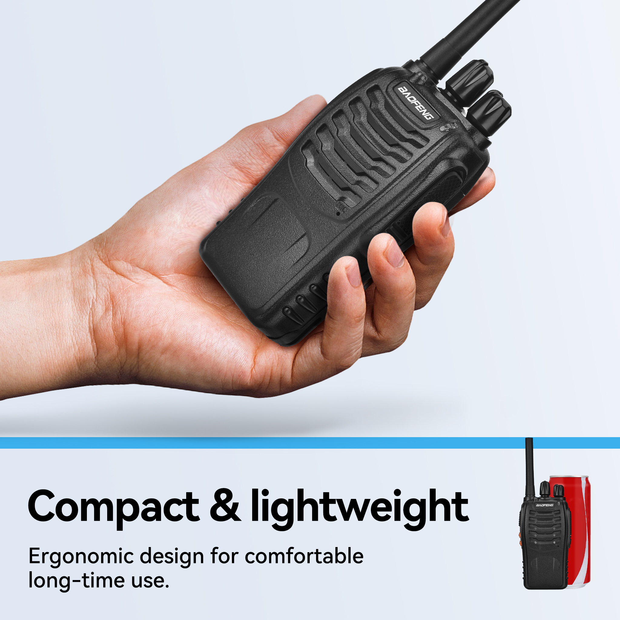 Una mano che tiene un walkie-talkie nero. È etichettato Baofeng. Il testo dice che è compatto e leggero.