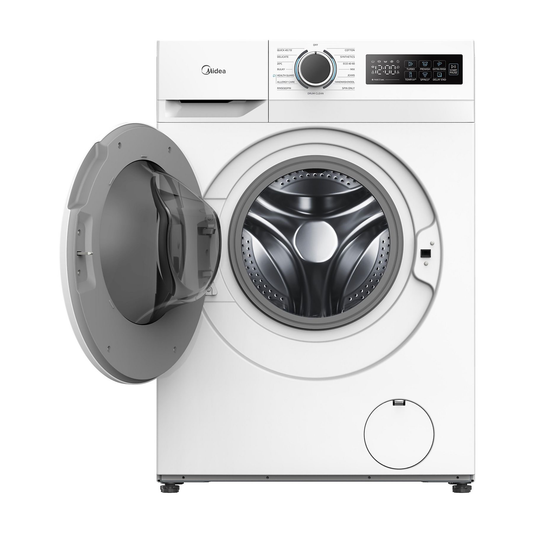 Una lavadora Midea blanca con puerta gris abierta, panel de control y tambor circular.