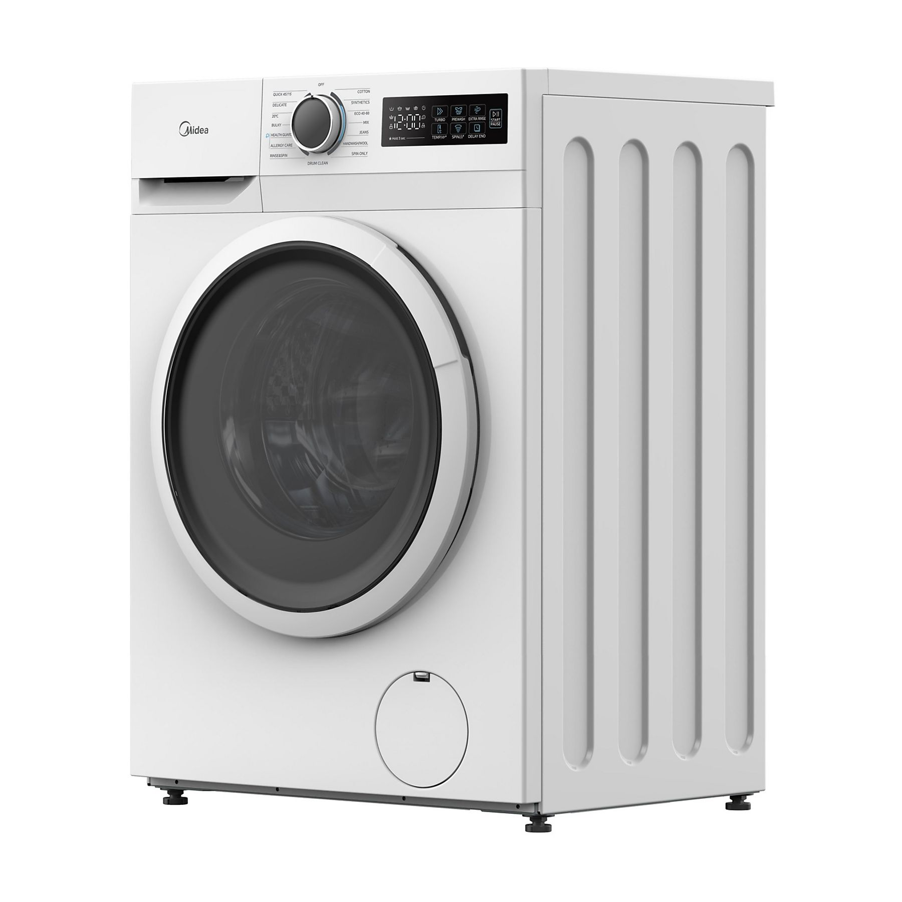 Una lavadora Midea blanca. Tiene una puerta negra, panel de control y un dial.