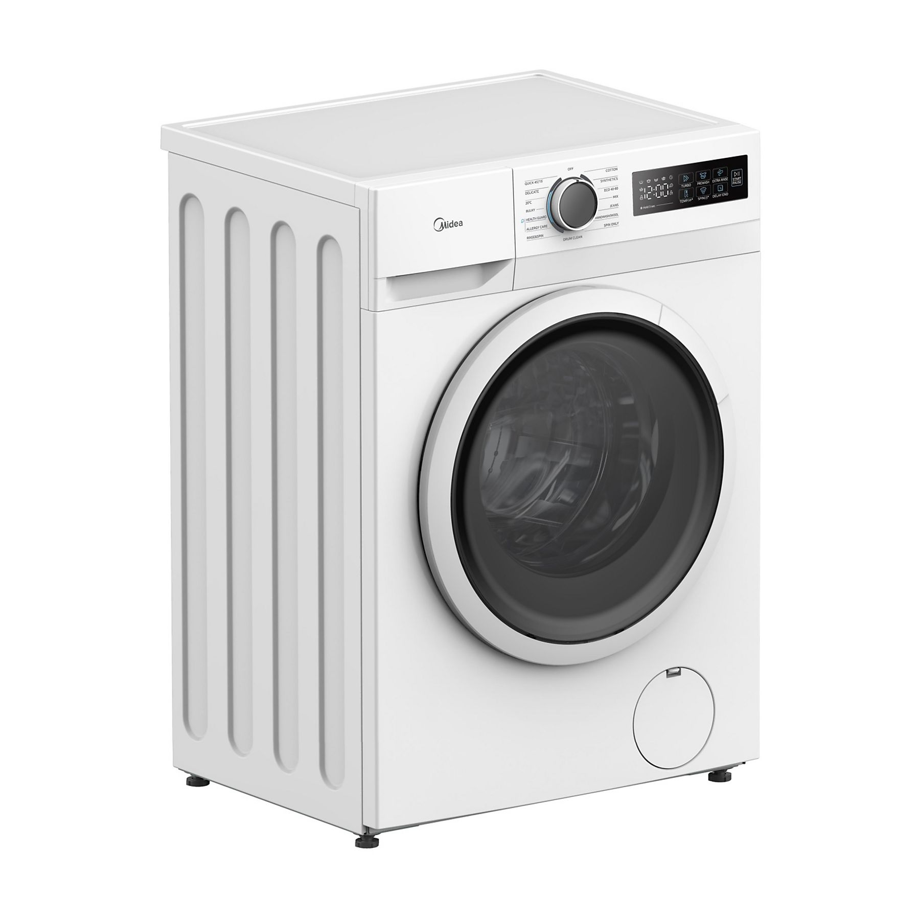 Una lavadora blanca Midea. Tiene una puerta redonda y un panel de control con varios ajustes.