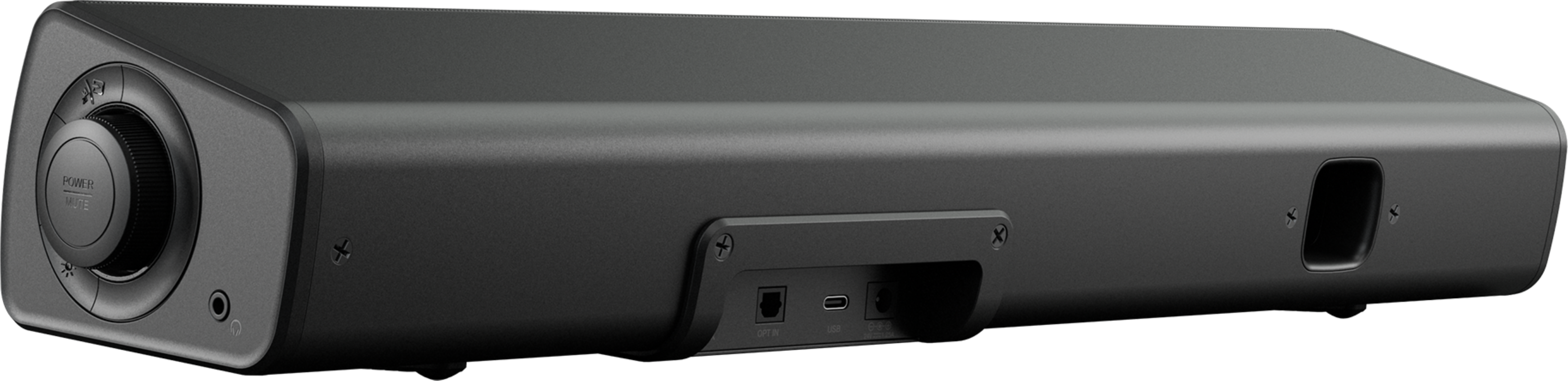 Eine dunkelgraue Soundbar. Sie hat einen Lautstärkeregler, Eingangsanschlüsse und einen Power-Knopf. Das Design ist elegant.