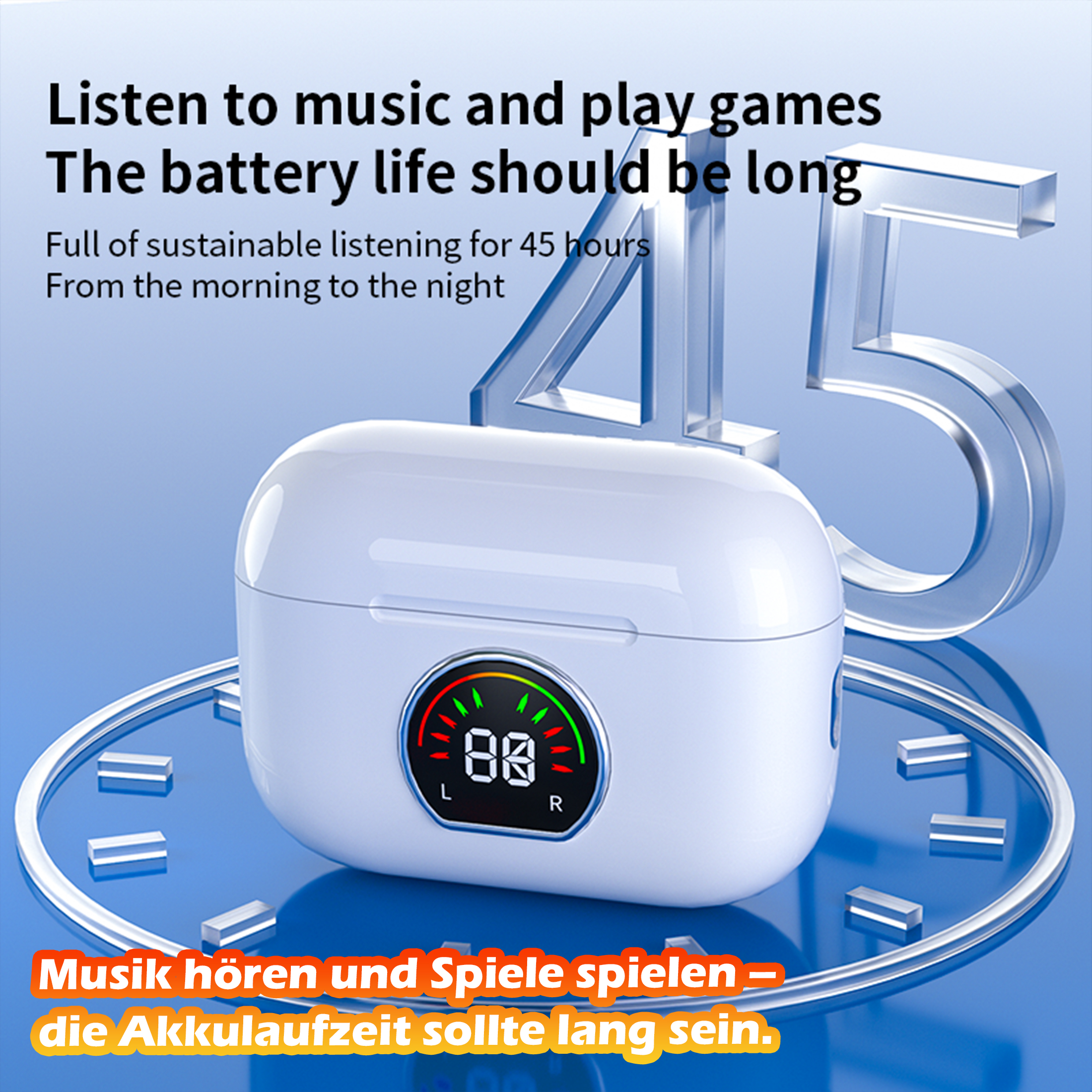 Weißes Ohrhörer-Etui mit Digitalanzeige auf blauem Untergrund. Text: Musik hören, Akkulaufzeit sollte lang sein.