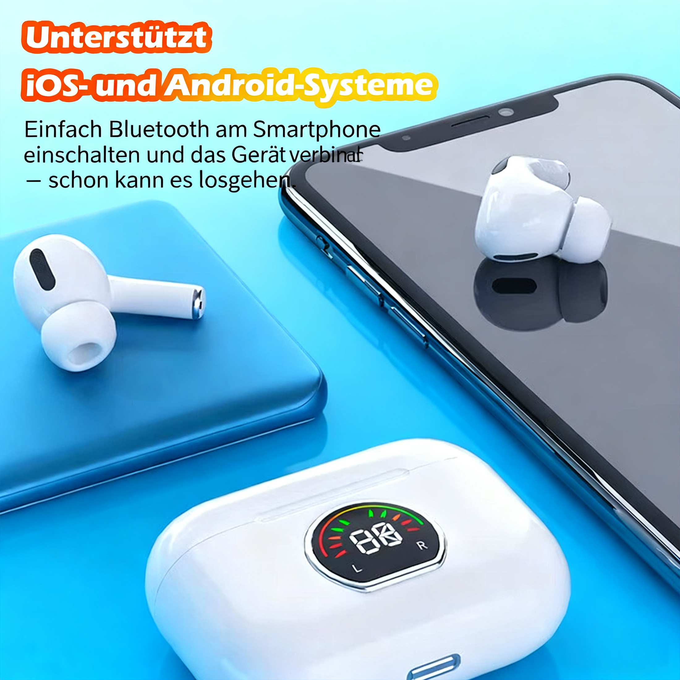 Das Bild zeigt Ohrhörer, ein Telefon und ein Ladecase. Text sagt iOS und Android unterstützt, einfache Bluetooth-Verbindung.