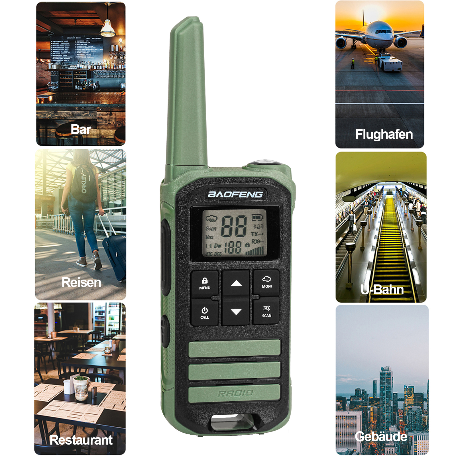Se muestra una radio Baofeng verde con imágenes de un bar, aeropuerto, metro, restaurante, viajes y edificios.