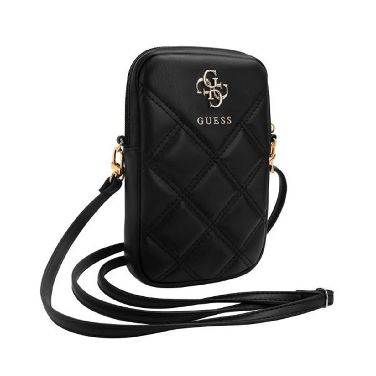 Una borsa a tracolla Guess nera con motivo trapuntato, finiture dorate e una lunga tracolla. Il logo Guess è sulla parte anteriore.
