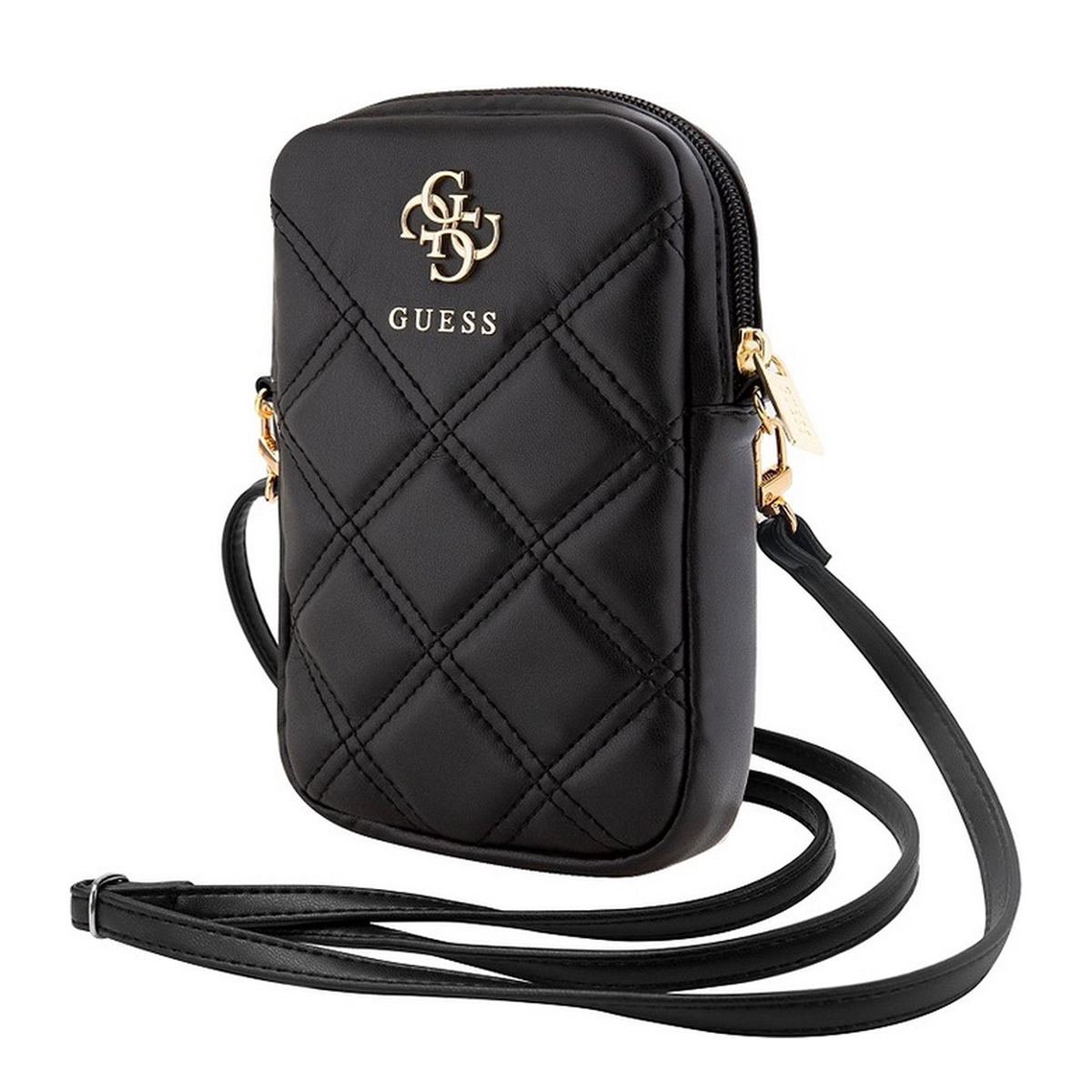 Borsa a tracolla Guess nera. Ha un motivo trapuntato, finiture dorate e una tracolla lunga. Il logo Guess è sul davanti.