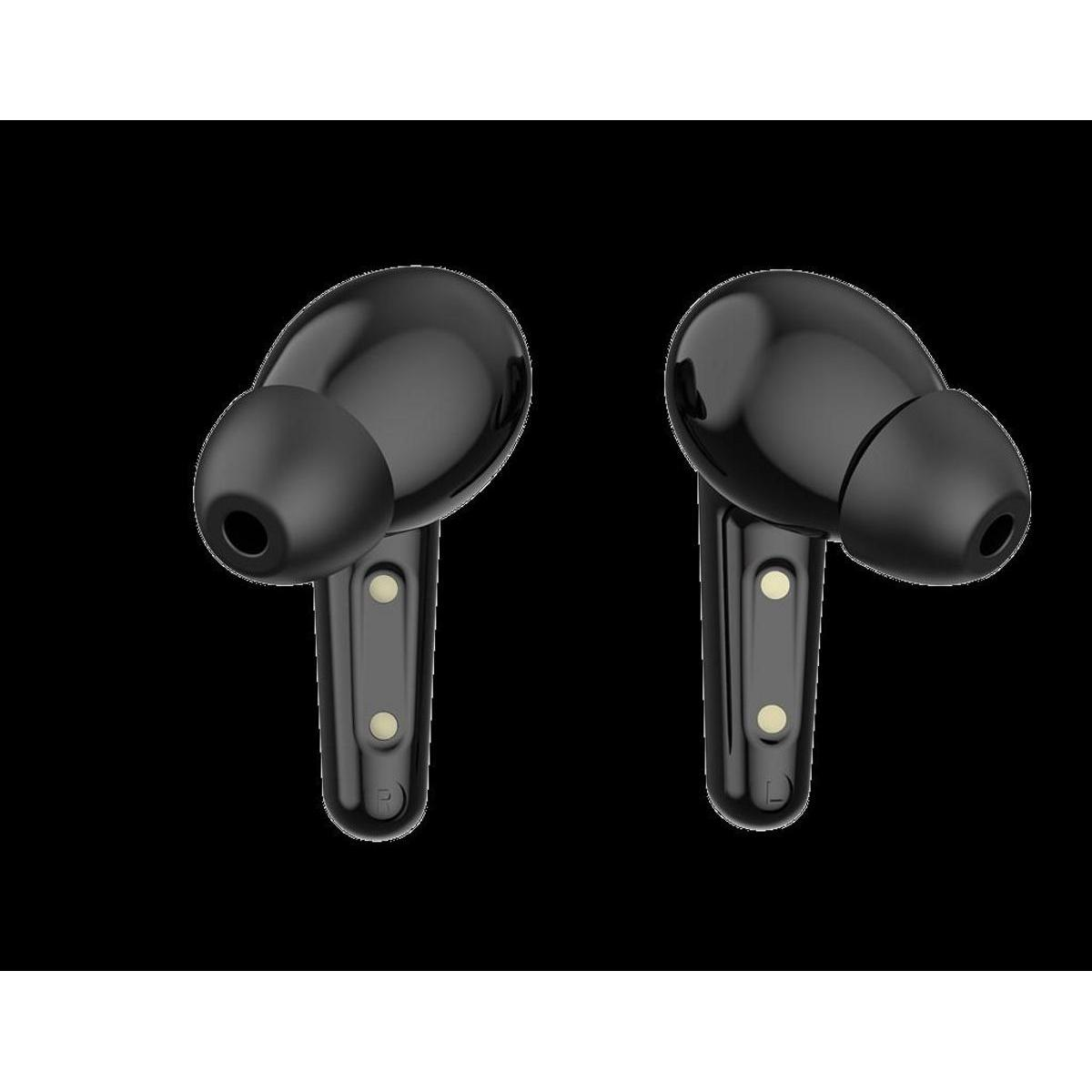 Dos auriculares inalámbricos negros sobre fondo negro. Cada auricular tiene una parte superior redondeada y un tallo delgado.