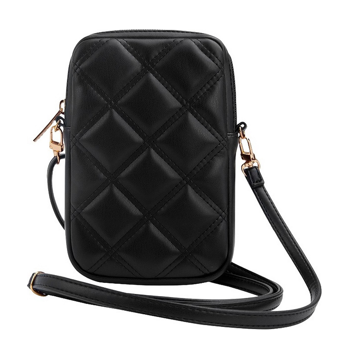 Borsa a tracolla nera trapuntata con tracolla dorata. È rettangolare e ha una cerniera. La tracolla è sottile.