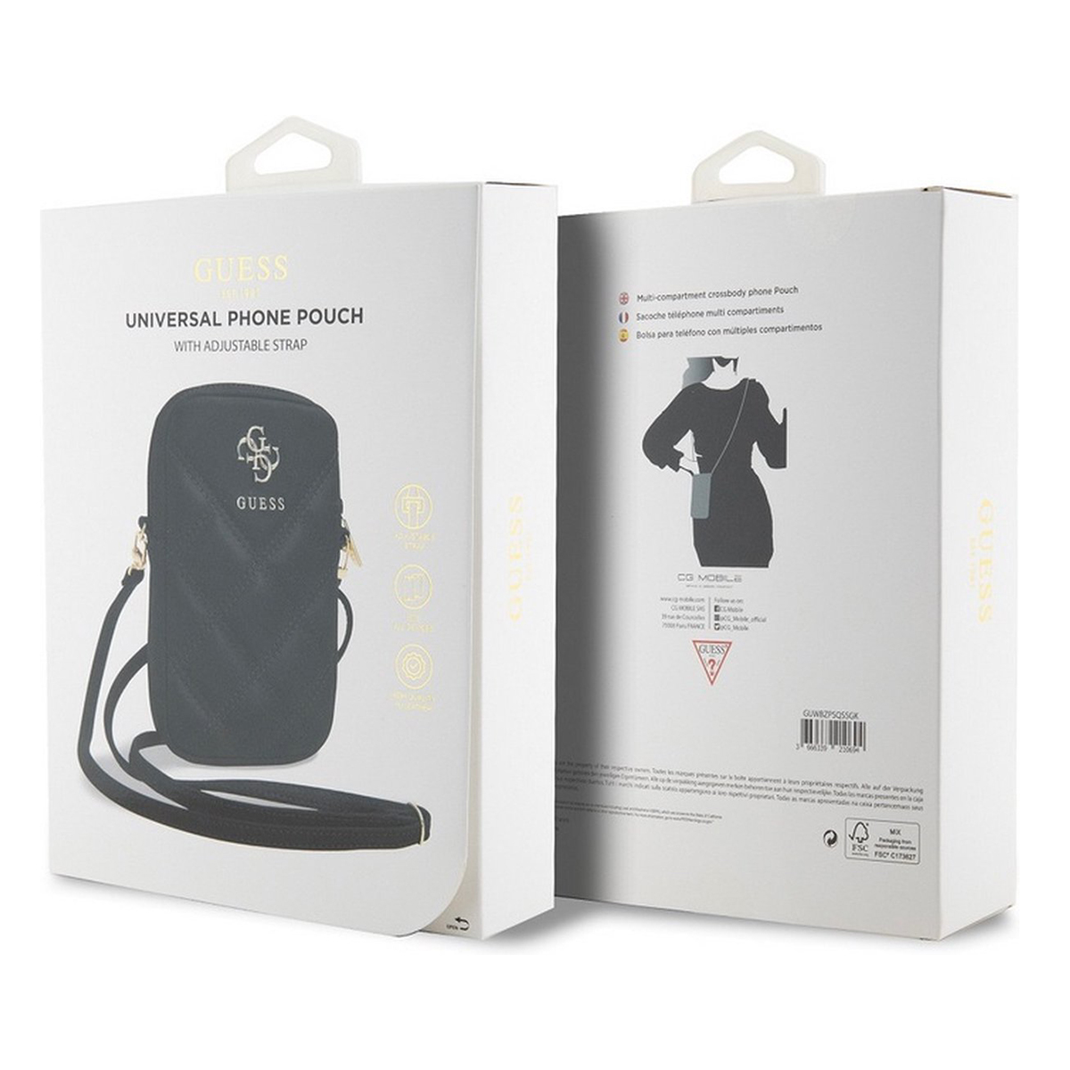 Viene mostrata una scatola per custodia per telefono Guess. La scatola mostra una custodia per telefono nera con cinturino. La scatola include anche dettagli sul prodotto.