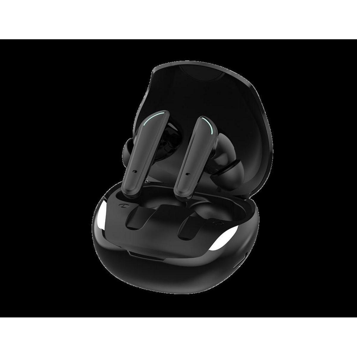 Auriculares inalámbricos negros en un estuche de carga abierto sobre un fondo negro. Los auriculares están en posición vertical con luz azul.